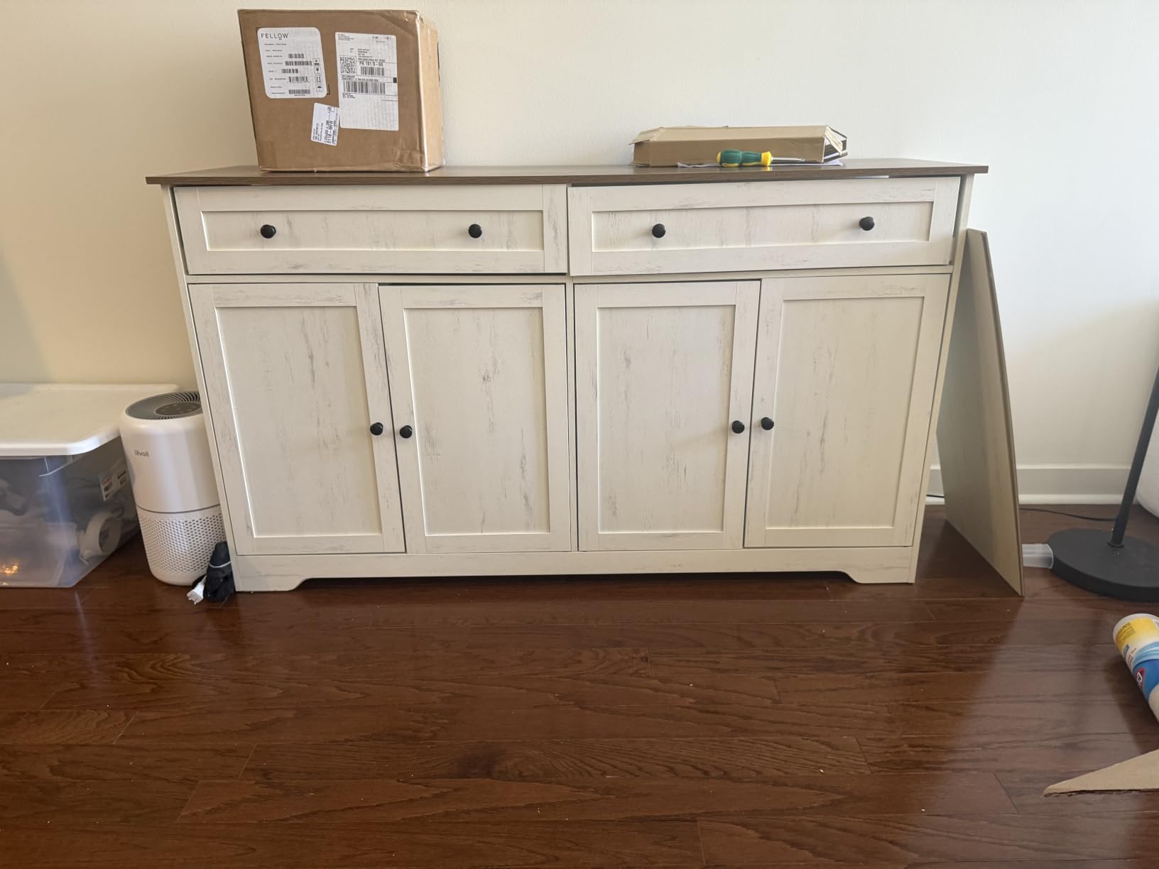 VASAGLE Buffet Cabinet, Sideboard, 2 Doors, 28.4 x 15.8 x 31.5 Inches | Farmhouse Coffee Bar Cabinet with 1 Drawer, Adjustable Shelves, Rustic White and Honey Brown, SIREN Collection ULSC521WJ01S customer photo 1