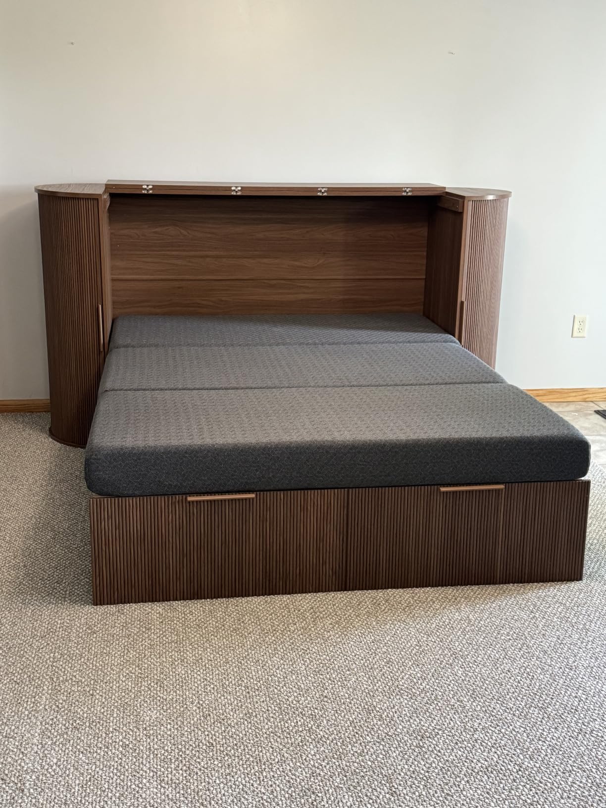 AMERLIFE Queen Murphy Bed with Storage & Sliding Tambour Door | Natural Oak Cabinet Bed, Modern Cabinet, Bedside Shelves, Curved Fluted Design, Charging Station, Guest Room & Home Office customer photo 1
