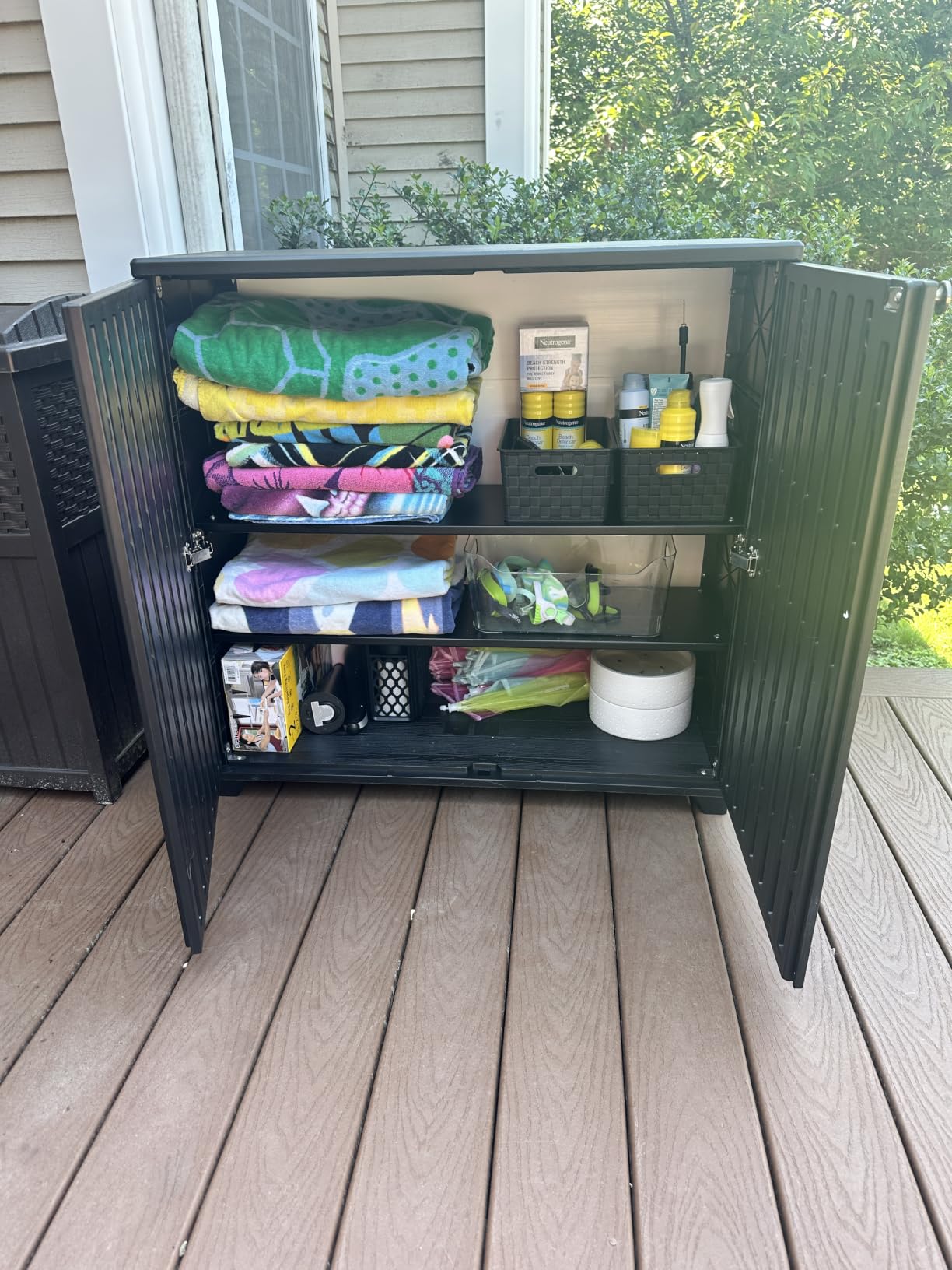 ADDOK Outdoor Storage Cabinet,60 Gallon Waterproof Resin Patio Storage Cabinet with 2 Adjustable Metal Shelf, Upright Outdoor Cabinet for Garden Tools, Pool Supplies, Toys, Porch and Garage customer photo 2