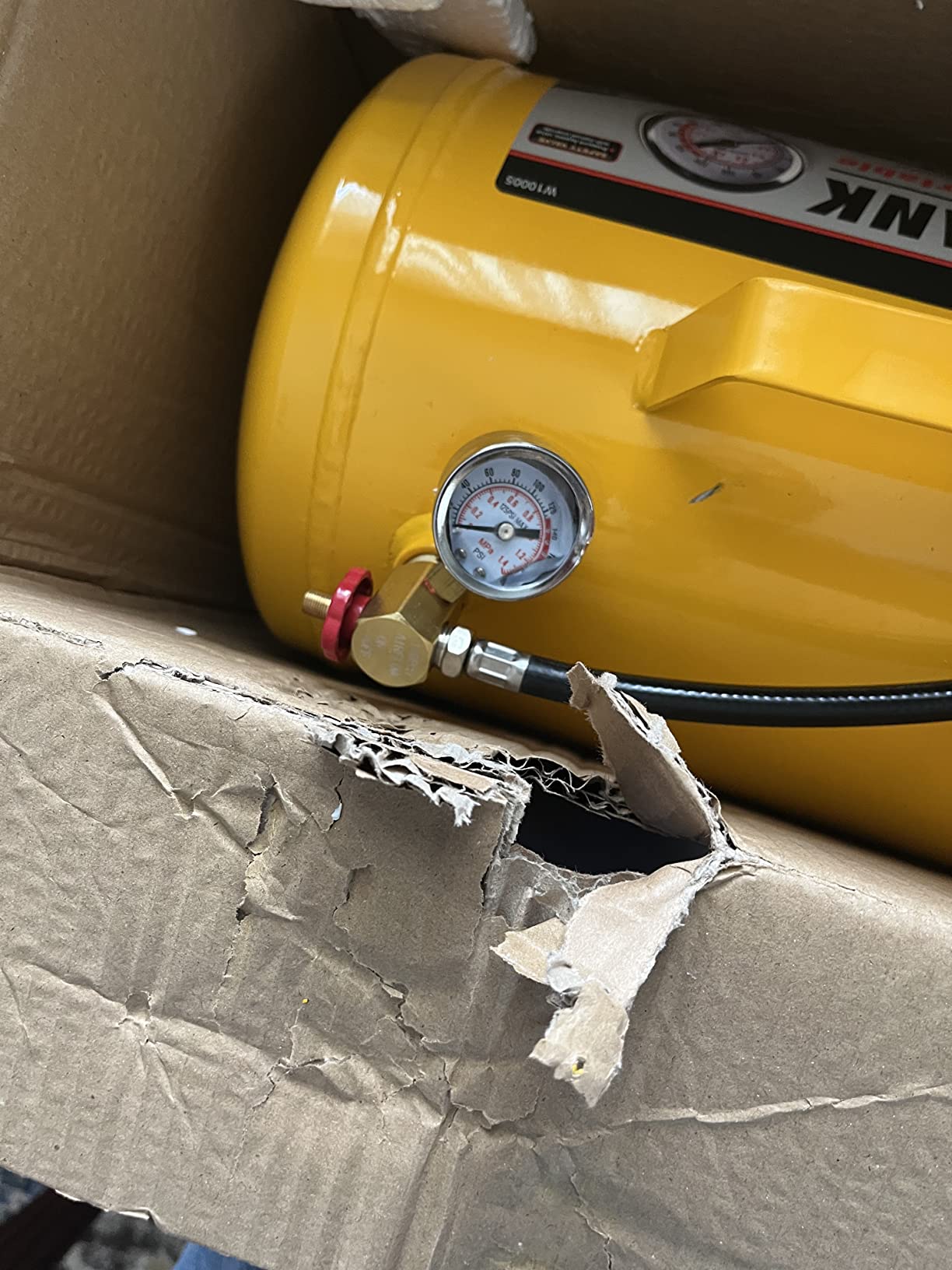 Performance Tool W10005 5-Gallon Portable Horizontal Air Tank | 125 PSI max pneumatic compressed air tank. Features industrial hose with tire air chuck, safety bypass valve, and on/off dial customer photo 1