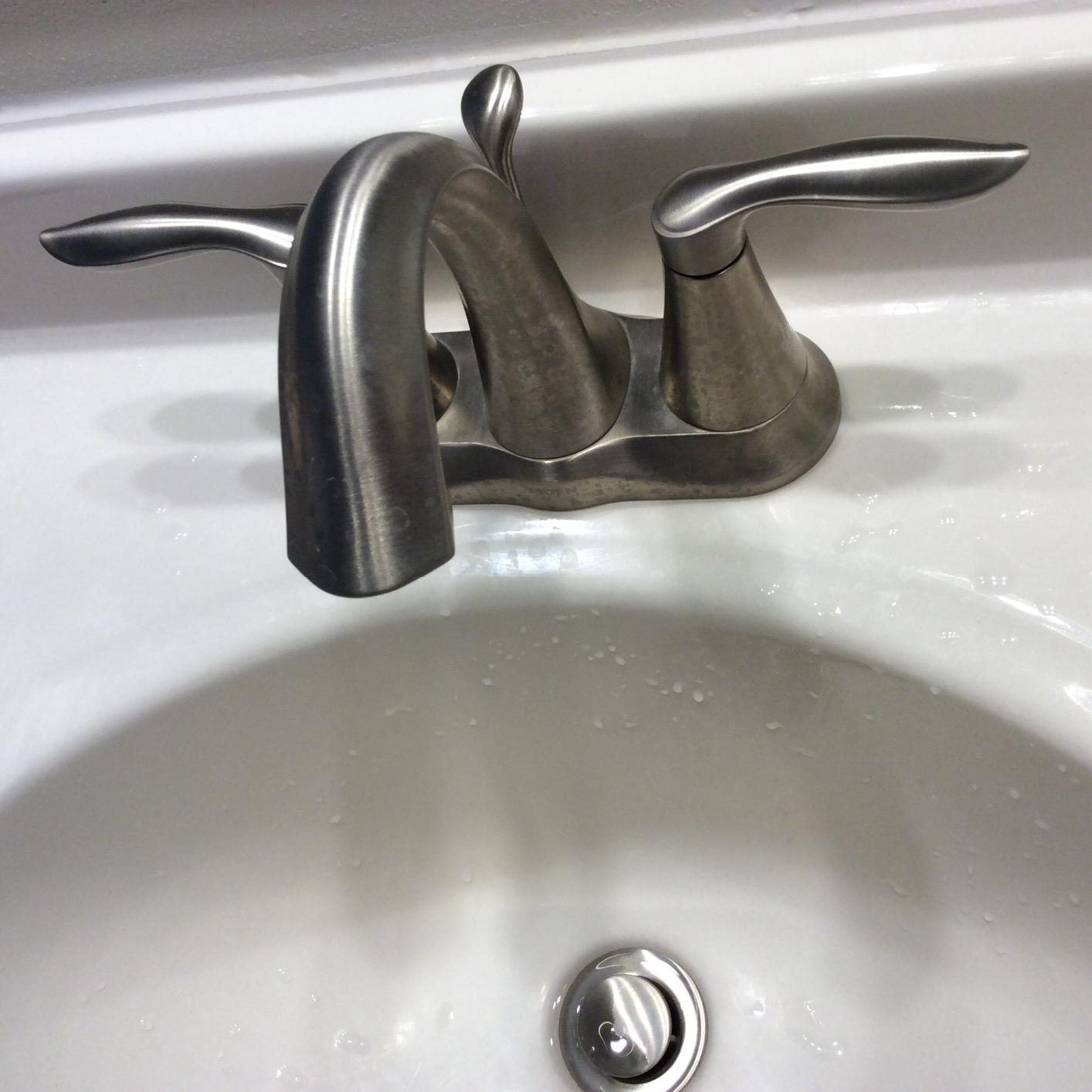 Moen Eva Brushed Nickel Two-Handle 4-Inch Centerset Bathroom Faucet with Drain Assembly, Bathroom Faucets for Sink 3-Hole, 6410BN customer photo 1