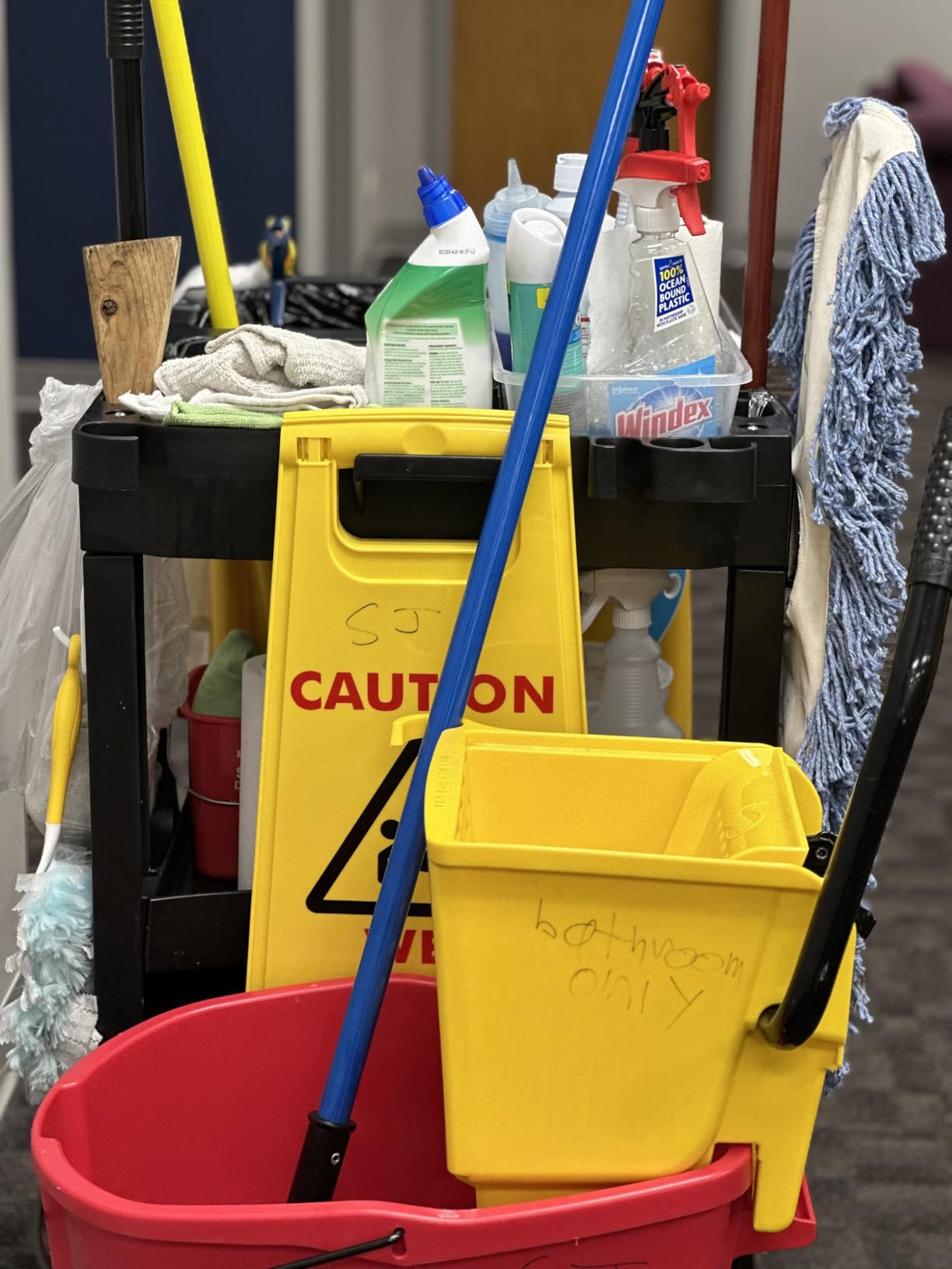 Rubbermaid Commercial Traditional Janitorial 3-Shelf Cleaning Cart, Wheeled with Zippered Yellow Vinyl Bag, for Business/School/Office/Janatorial Cleaning customer photo 1