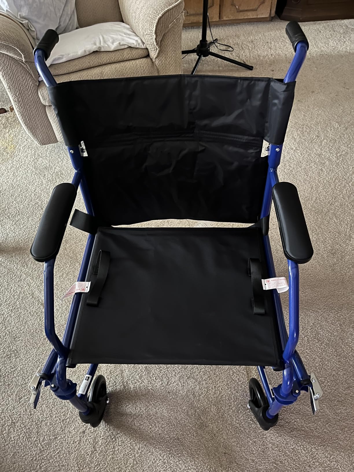 Medline Ultra Lightweight Transport Wheelchair for Adults, Foldable, 19-Inch Seat Width, Blue Frame, Black Upholstery customer photo 2