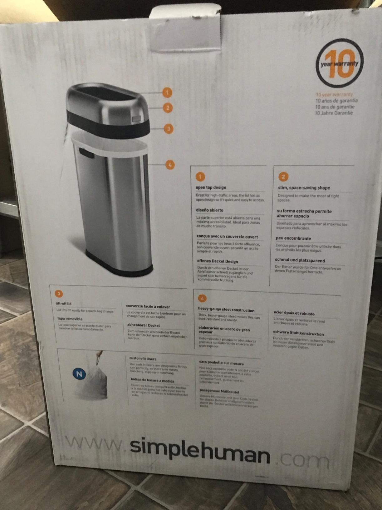 simplehuman 50 Liter / 13.2 Gallon Slim Open Top Trash Can, Commercial Grade Heavy Gauge Brushed Stainless Steel customer photo 1