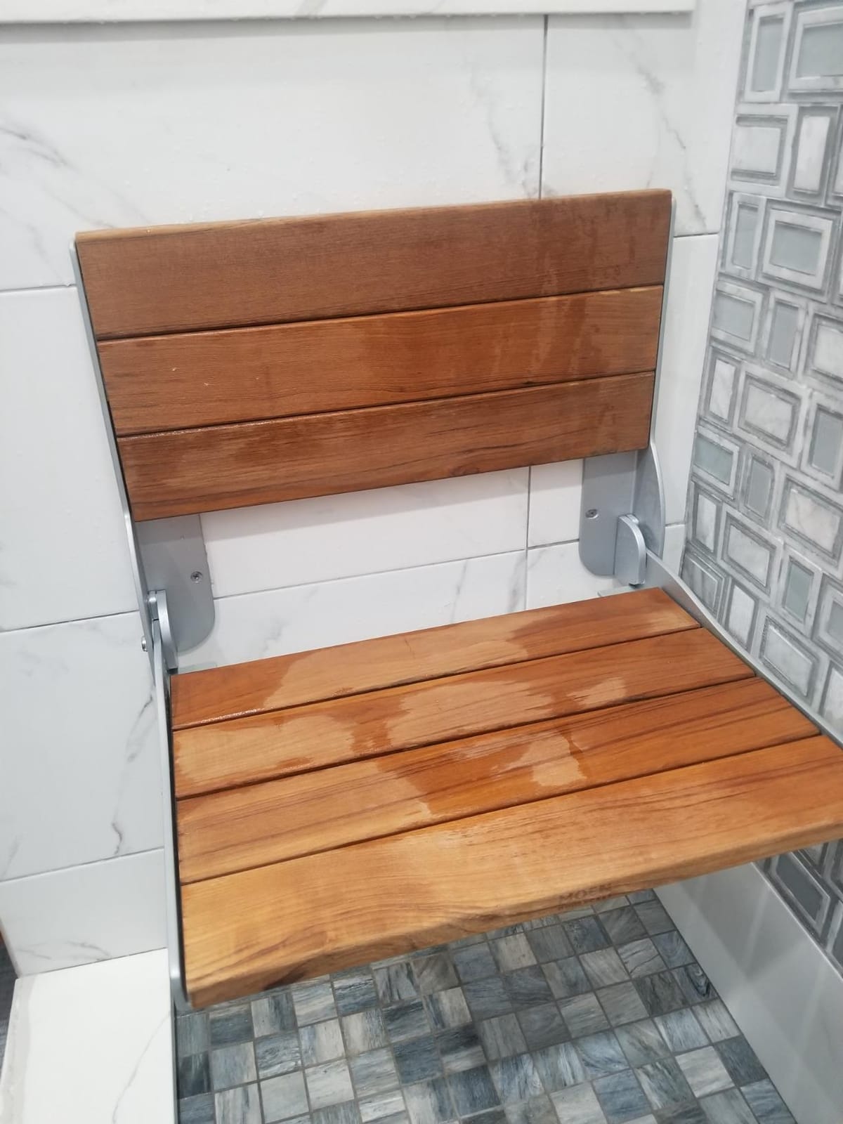 Moen DN7110 Home Care Fold-Down Shower Chair, Teak Wood Bench with Stainless Steel & Aluminum Frame, Wall-Mounted, ADA Compliant, Supports up to 400 lbs customer photo 2
