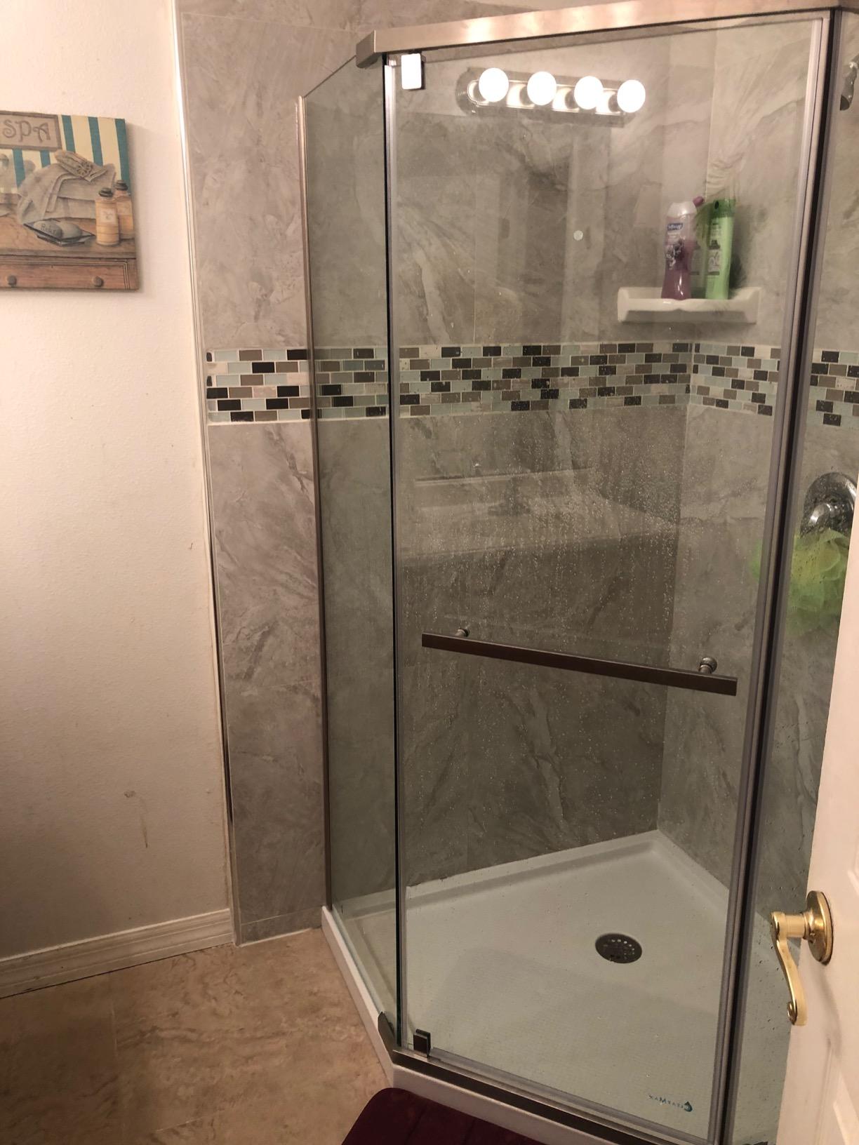 DreamLine Prism 34 1/8 in. x 72 in. Frameless Neo-Angle Pivot Shower Enclosure in Brushed Nickel, SHEN-2134340-04 customer photo 1