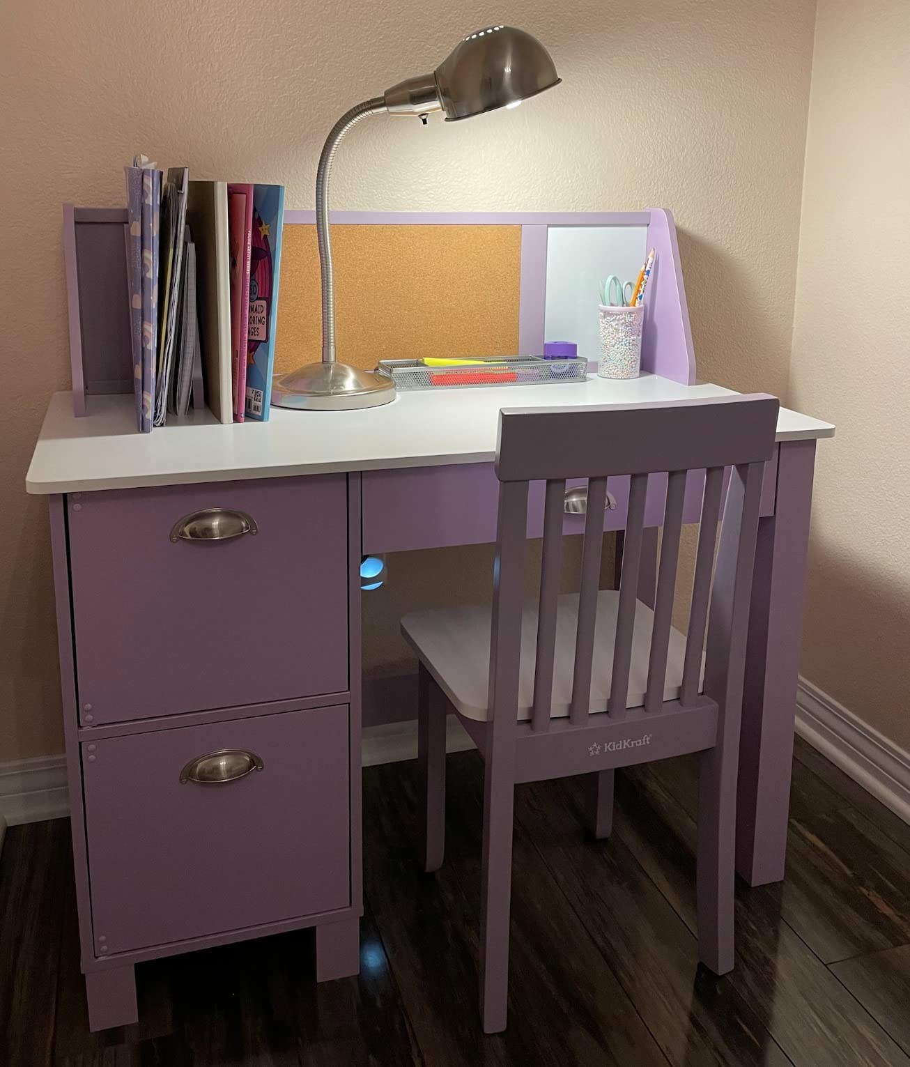 KidKraft Wooden Study Desk for Children with Chair, Bulletin Board and Cabinets, White customer photo 1