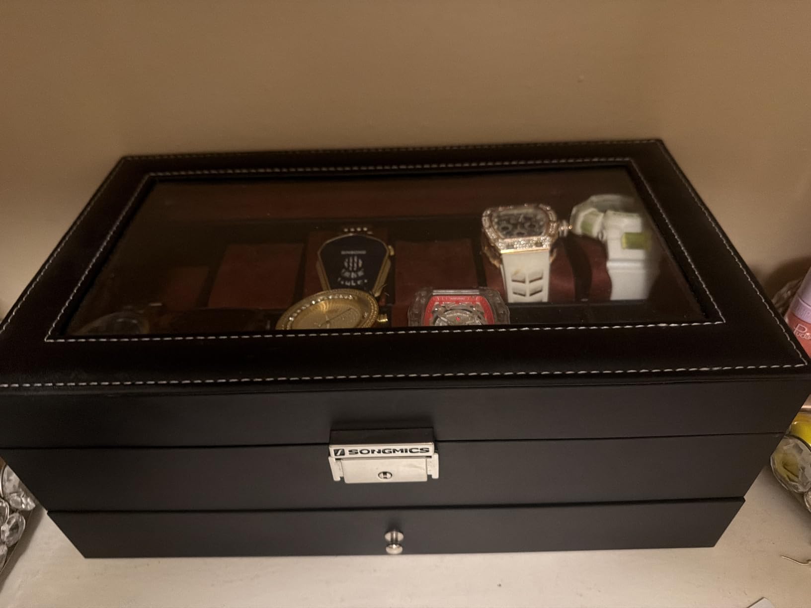 SONGMICS Watch Box, 12-Slot Watch Case Organizer with Large Glass Lid, 2 Layers, Removable Pillows, Metal Lock, Black Synthetic Leather customer photo 2