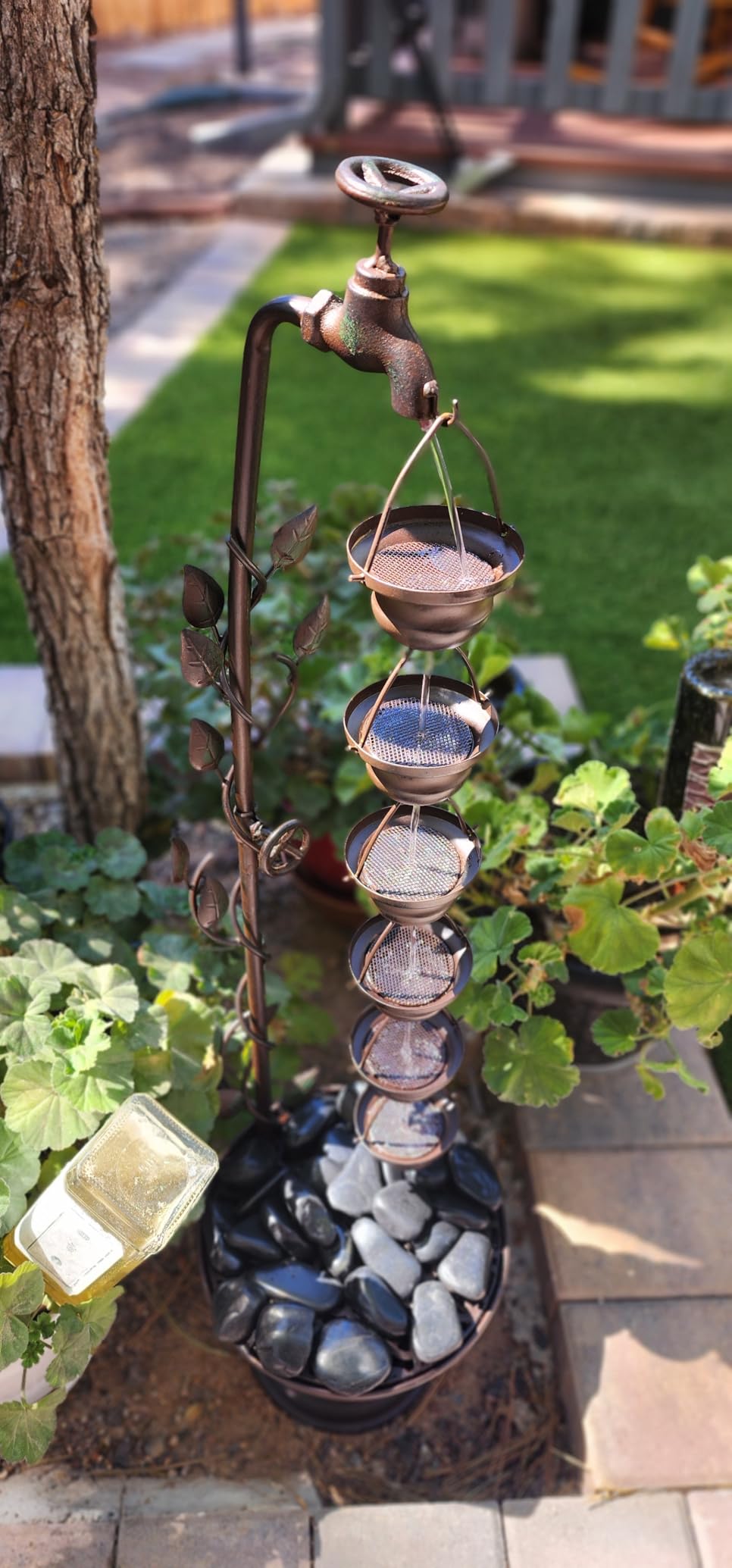 Alpine Corporation MAZ254 Outdoor Floor Tiered Vintage Water Fountain w/ 6 Hanging Cups, Soothing Tier Waterfall, 38