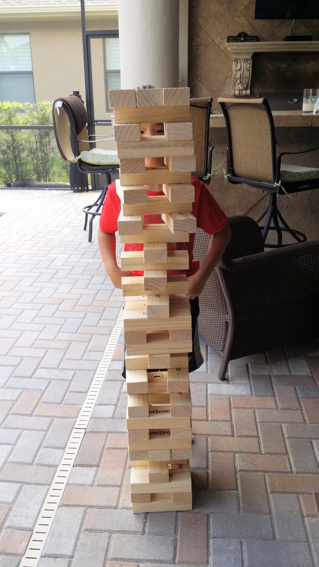 GoSports Giant Wooden Stacking Game - Stacks Up to 5 ft - Choose Brown Wood Stain, Gray, Natural, Stars & Stripes, or Tropical Hardwood - Toppling Tower customer photo 2