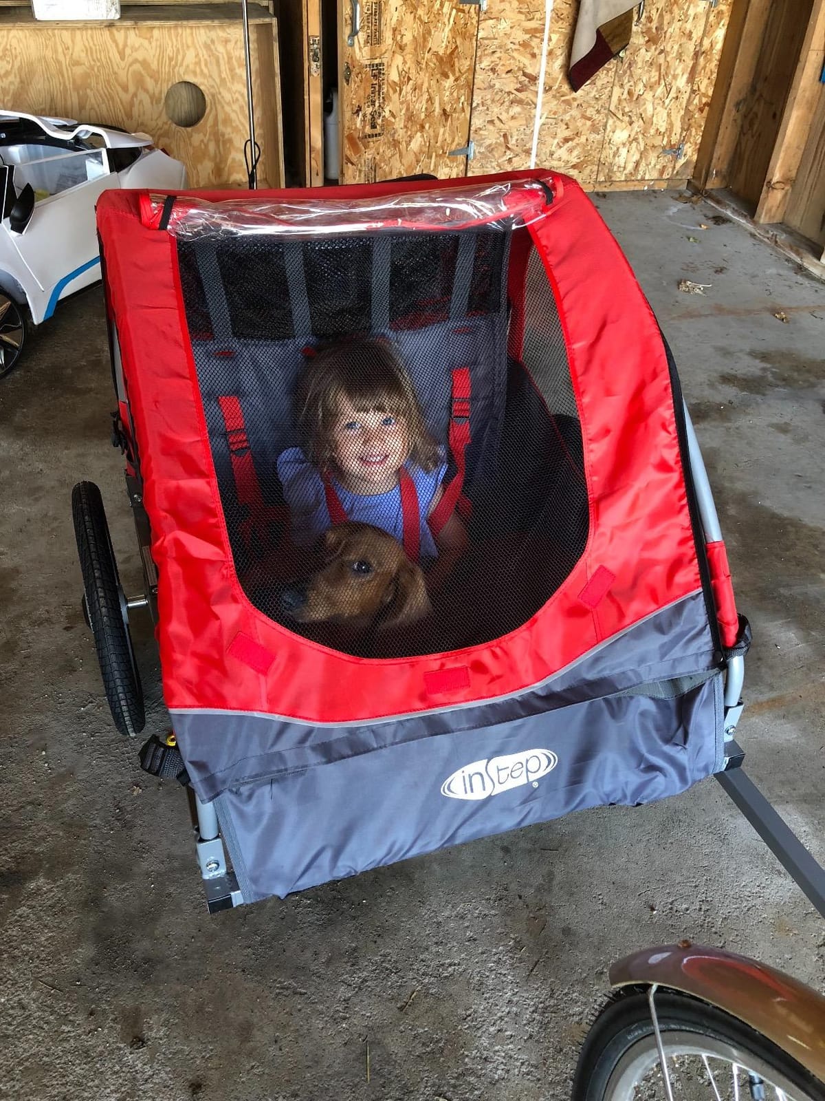 Instep Take 2 Double Seat Bike Child Trailer, Max Weight 80 lbs., 5-Point Harness, Folding Frame, Quick Release Wheels, Bug Screen & Weather Shield, Red customer photo 2