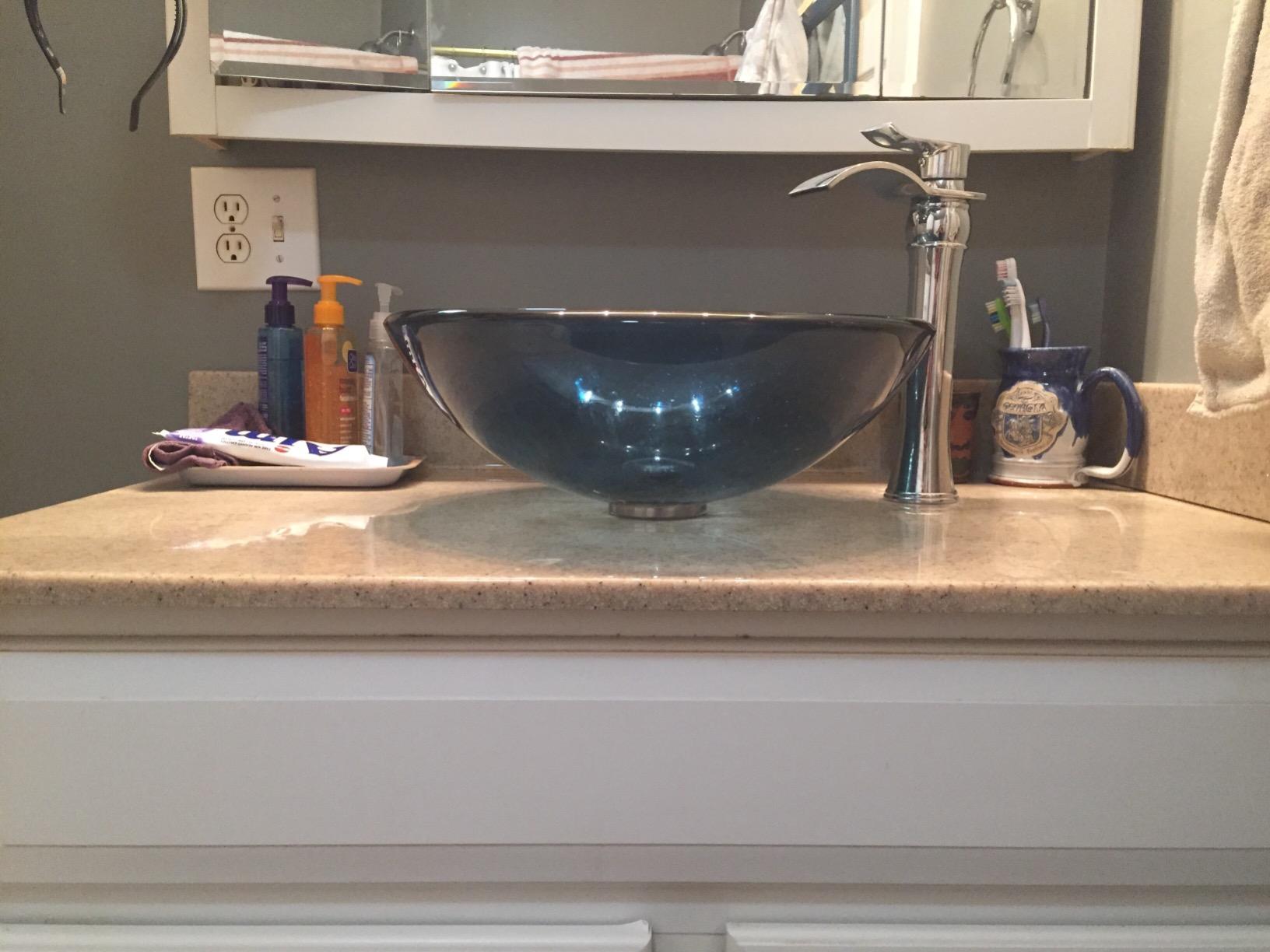 ANZZI Soave Modern Tempered Glass Vessel Bowl Sink in Sapphire Wisp, Blue Top Mount Bathroom sinks above counter, Round Vanity Countertop Sink Bowl with Pop Up Drain, LS-AZ048 customer photo 1
