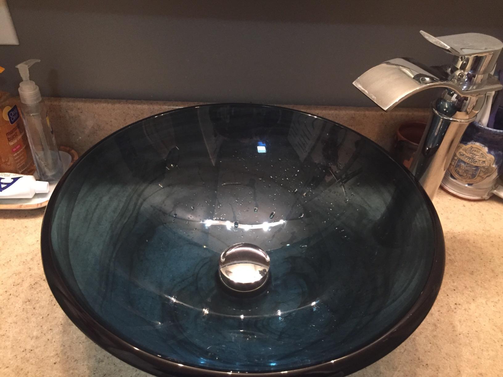 ANZZI Soave Modern Tempered Glass Vessel Bowl Sink in Sapphire Wisp, Blue Top Mount Bathroom sinks above counter, Round Vanity Countertop Sink Bowl with Pop Up Drain, LS-AZ048 customer photo 2