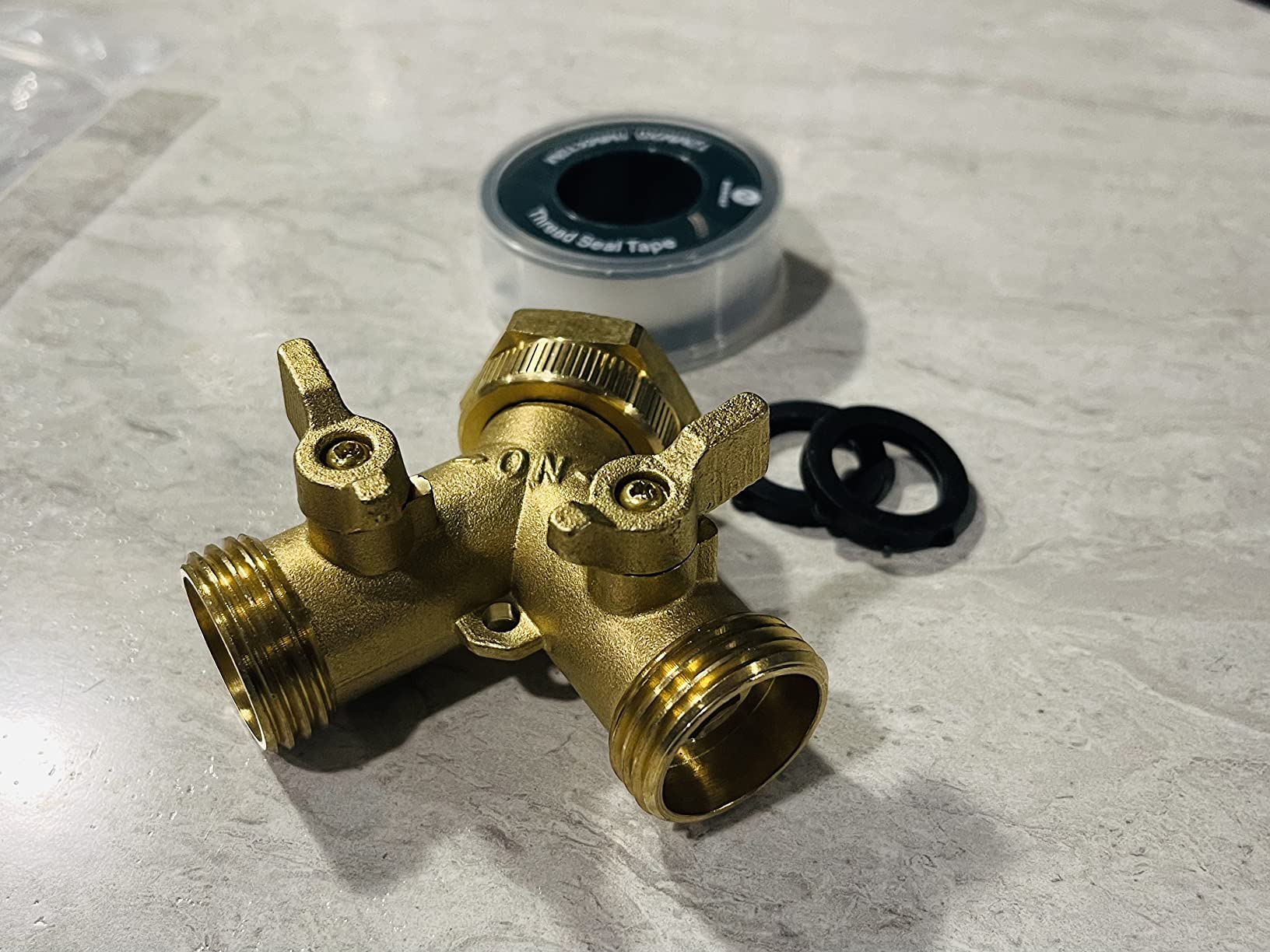 Brass Heavy-Duty Garden Hose Water Splitter | LEAD-FREE 2-Way Y Splitter for Water Spigot & Faucet | Manifold Connector ON/OFF Valves w/Improved Comfort Grip, 3 Extra Washers & Teflon Tape customer photo 1