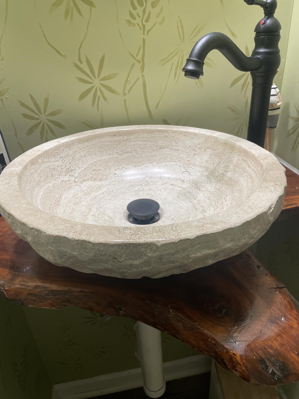 Oval Travertine Vessel Sink - Natural Stone Wash Basin, Hand-Carved Bathroom Sink with Chiseled Exterior & Polished Interior, Above Counter Vanity Basin (Includes Matching Soap Tray) customer photo 1