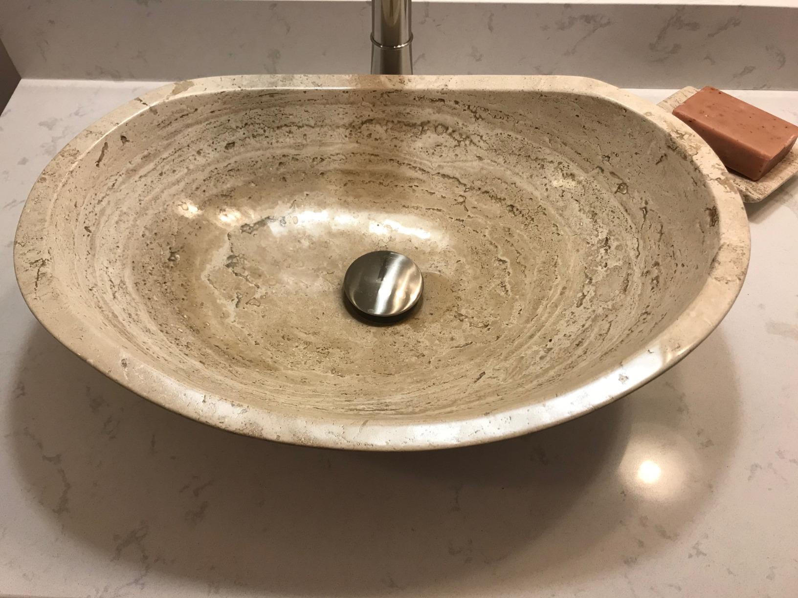 Oval Travertine Vessel Sink - Natural Stone Wash Basin, Hand-Carved Bathroom Sink with Chiseled Exterior & Polished Interior, Above Counter Vanity Basin (Includes Matching Soap Tray) customer photo 2