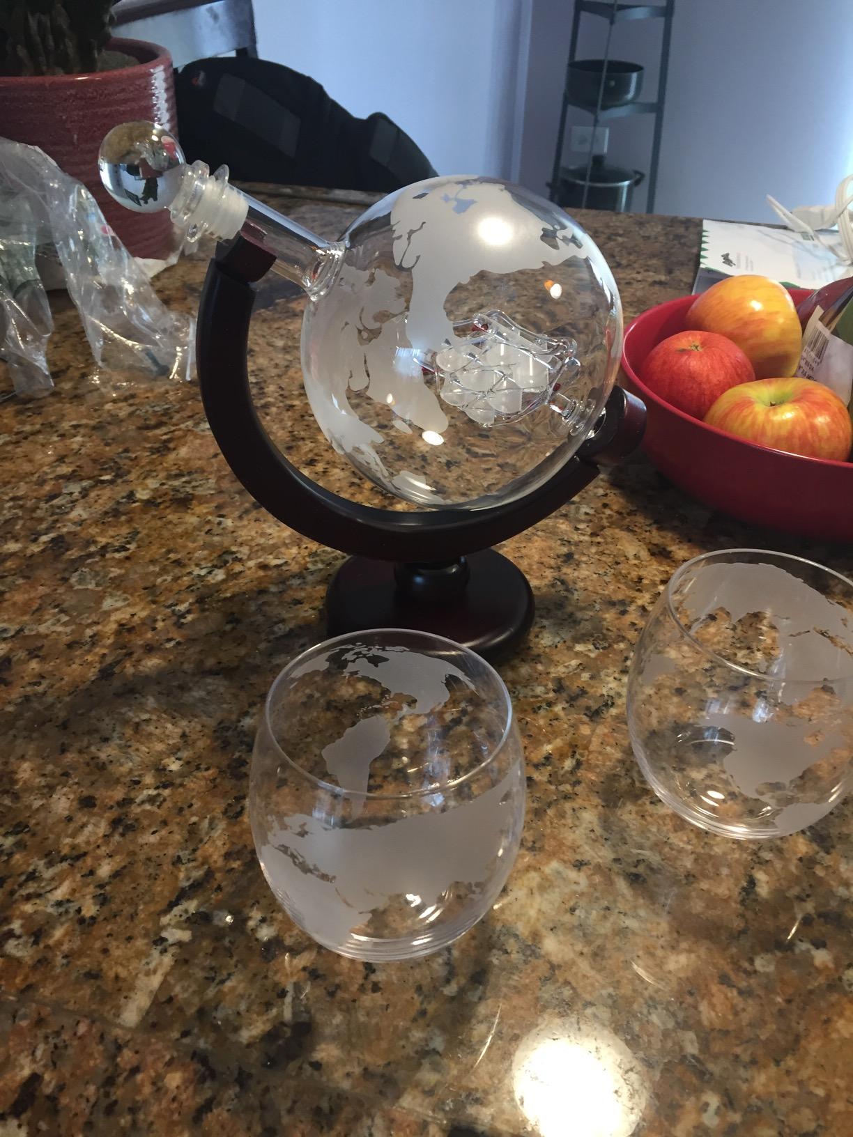 Kemstood Whiskey Decanter Sets for Men - Etched World Globe Design with Wood Stand & 2 Glass - Ideal for Dignified Drinking, Home Decor - Unique Whiskey Gifts for Men - 28 oz / 850 ml Capacity customer photo 1