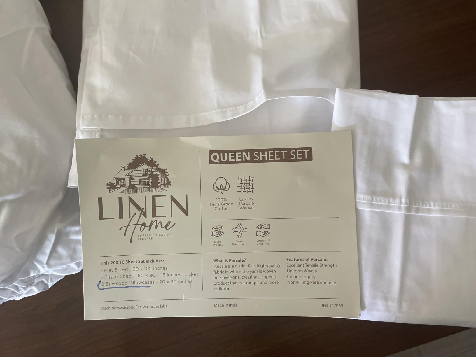 Linen Home 100% Cotton Percale Sheets King, 4 Pc Cooling Set - White customer photo 1
