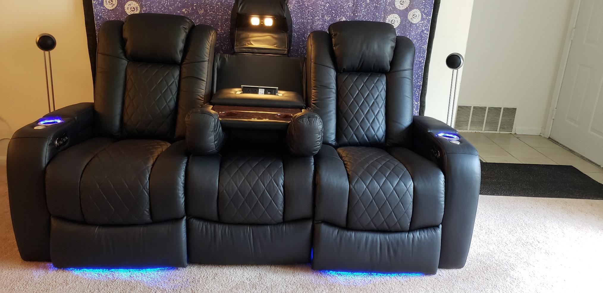 Seatcraft Anthem Home Theater Seating Black Sofa with Fold Down Table | Italian Leather, Powered Headrest, Power Recline, USB-A charging, Fold-Down Table customer photo 2