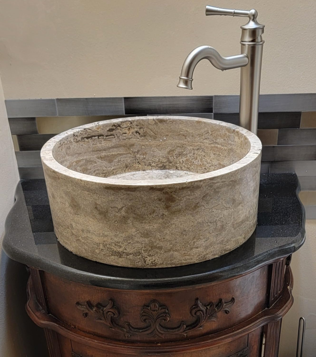 Cylindrical Natural Stone Vessel Sink - Antico Travertine 16
