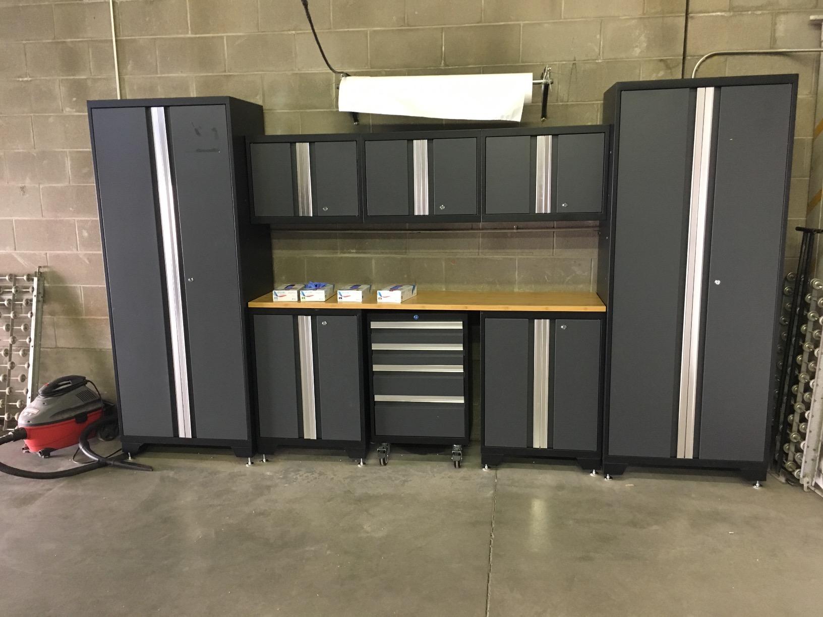 NewAge Products Garage Storage Cabinets Steel Bold Series 9 Piece Sets Includes Bamboo Worktop, Multi-Use lockers, Wall, Base and Rolling Tool Cabinets, Gray, 50408 customer photo 1