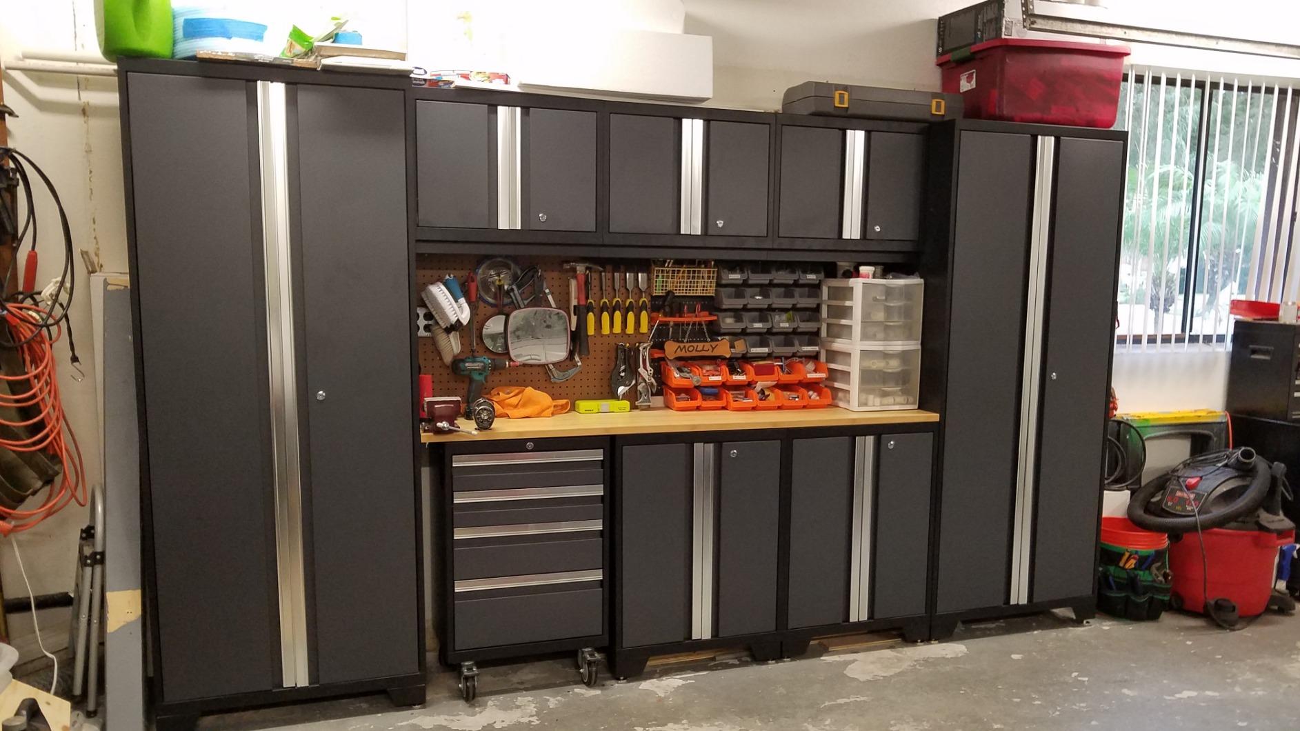 NewAge Products Garage Storage Cabinets Steel Bold Series 9 Piece Sets Includes Bamboo Worktop, Multi-Use lockers, Wall, Base and Rolling Tool Cabinets, Gray, 50408 customer photo 2