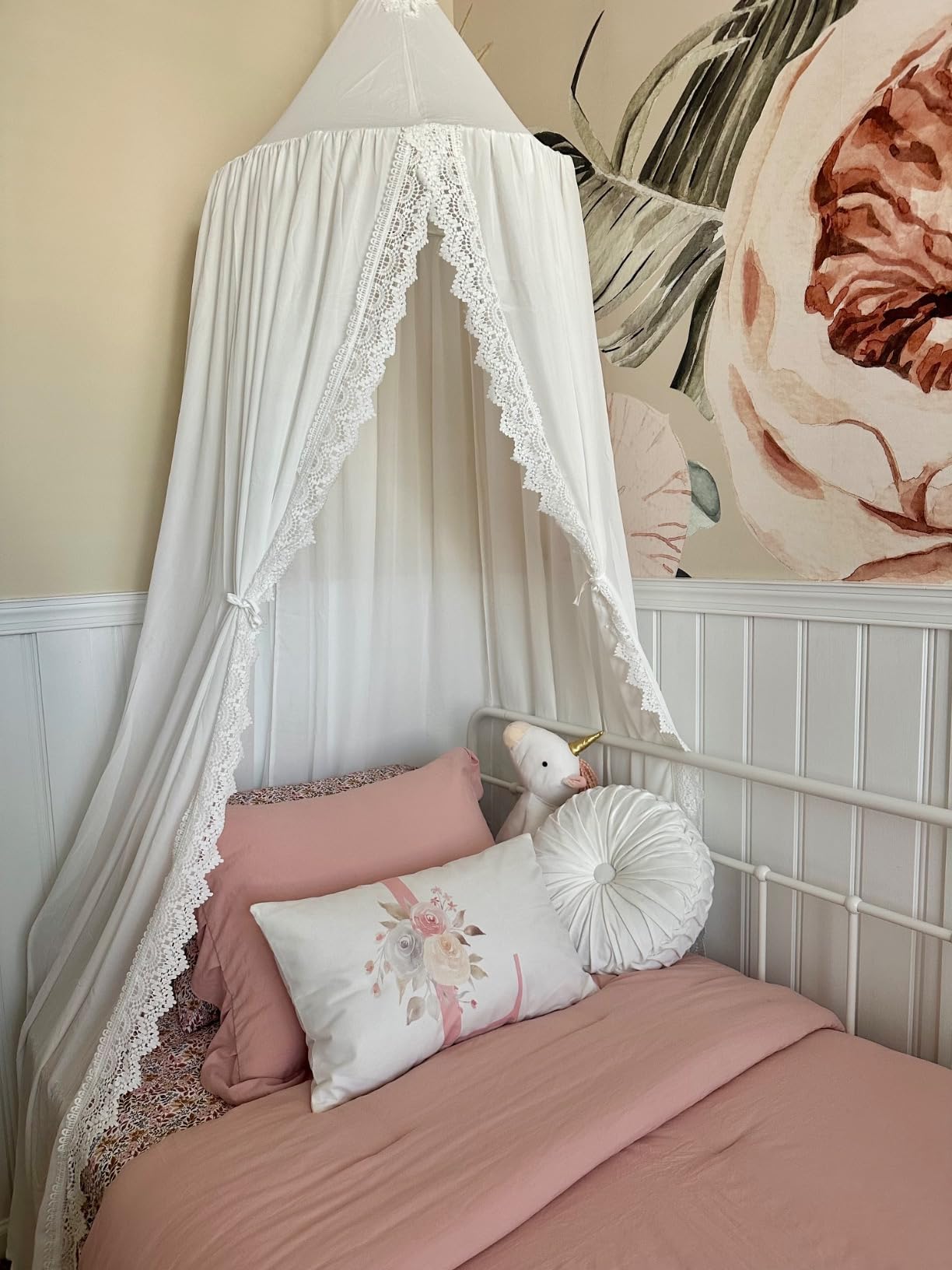 OldPAPA Kids Bed Canopy with Pom Pom Hanging Mosquito Net for Baby Crib Nook Castle Game Tent Nursery Play Room Decor，White customer photo 1