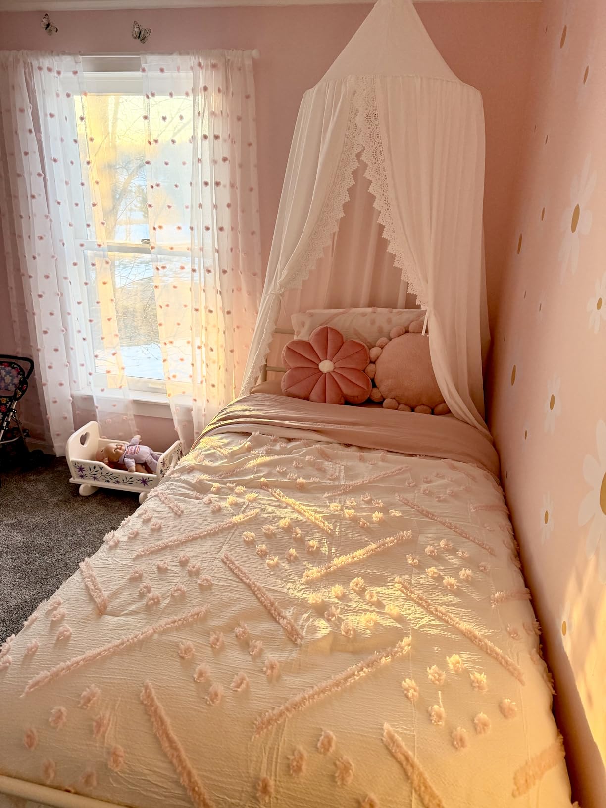 OldPAPA Kids Bed Canopy with Pom Pom Hanging Mosquito Net for Baby Crib Nook Castle Game Tent Nursery Play Room Decor，White customer photo 2
