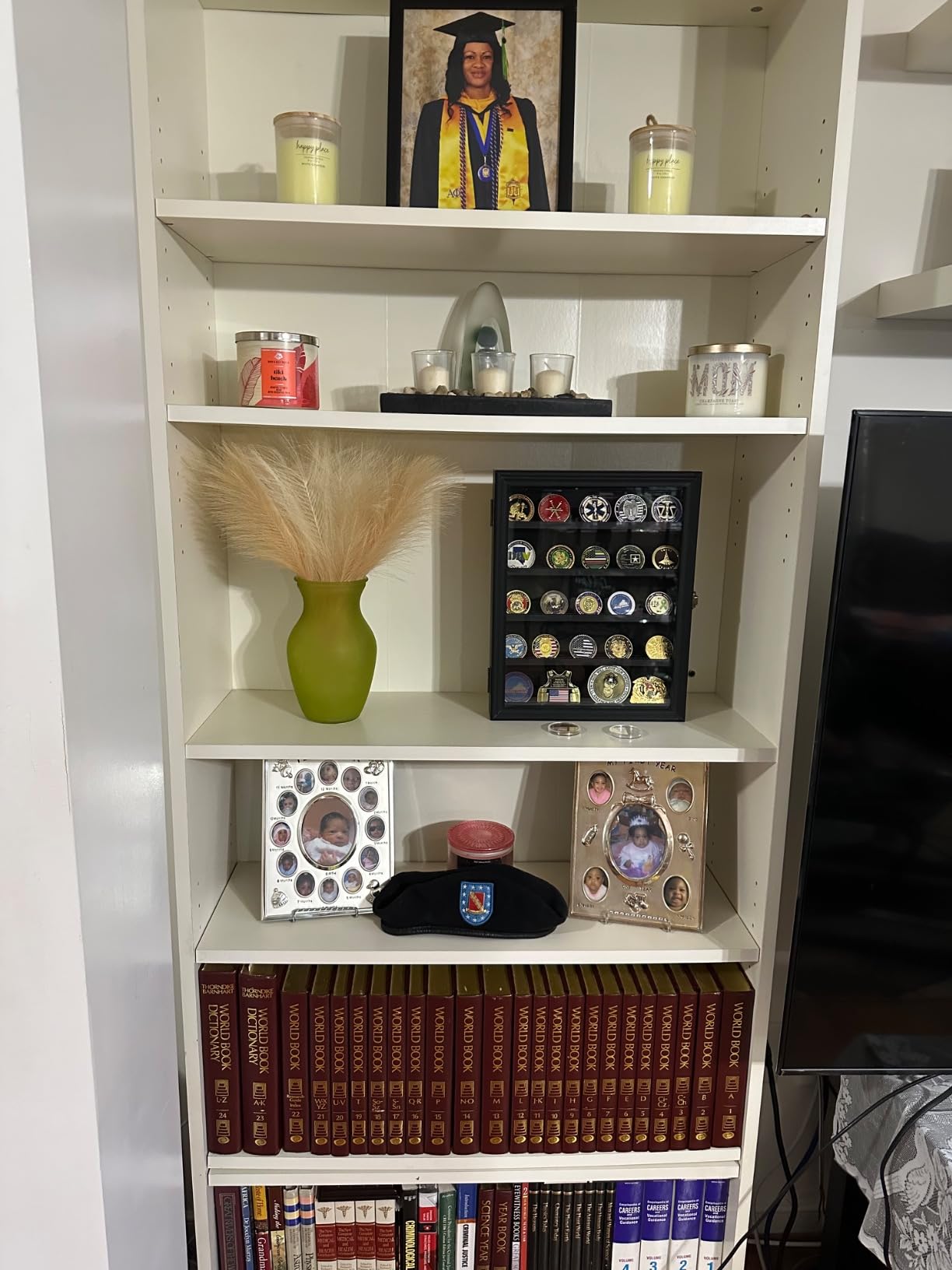 ASmileIndeep Military Challenge Coin Display Case Holder with HD Toughened Glass and Wall Mount, Wooden Coin Stand Rack with Removable 2 Grooves Shelves, Mahogany Finish customer photo 1