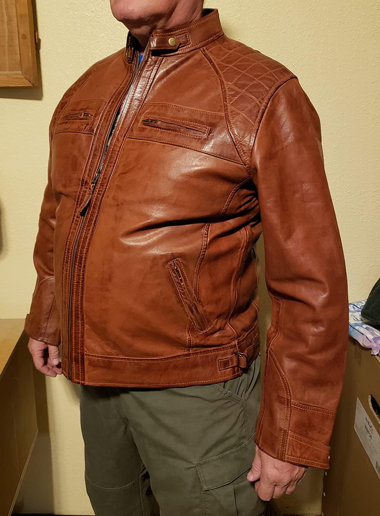 Cafe Racer Style Leather Jackets for Men | Real Lambskin Leather, Polyester Lined, Shoulder Detailing, Zip Closure, Cuffs, Inside Pockets customer photo 1