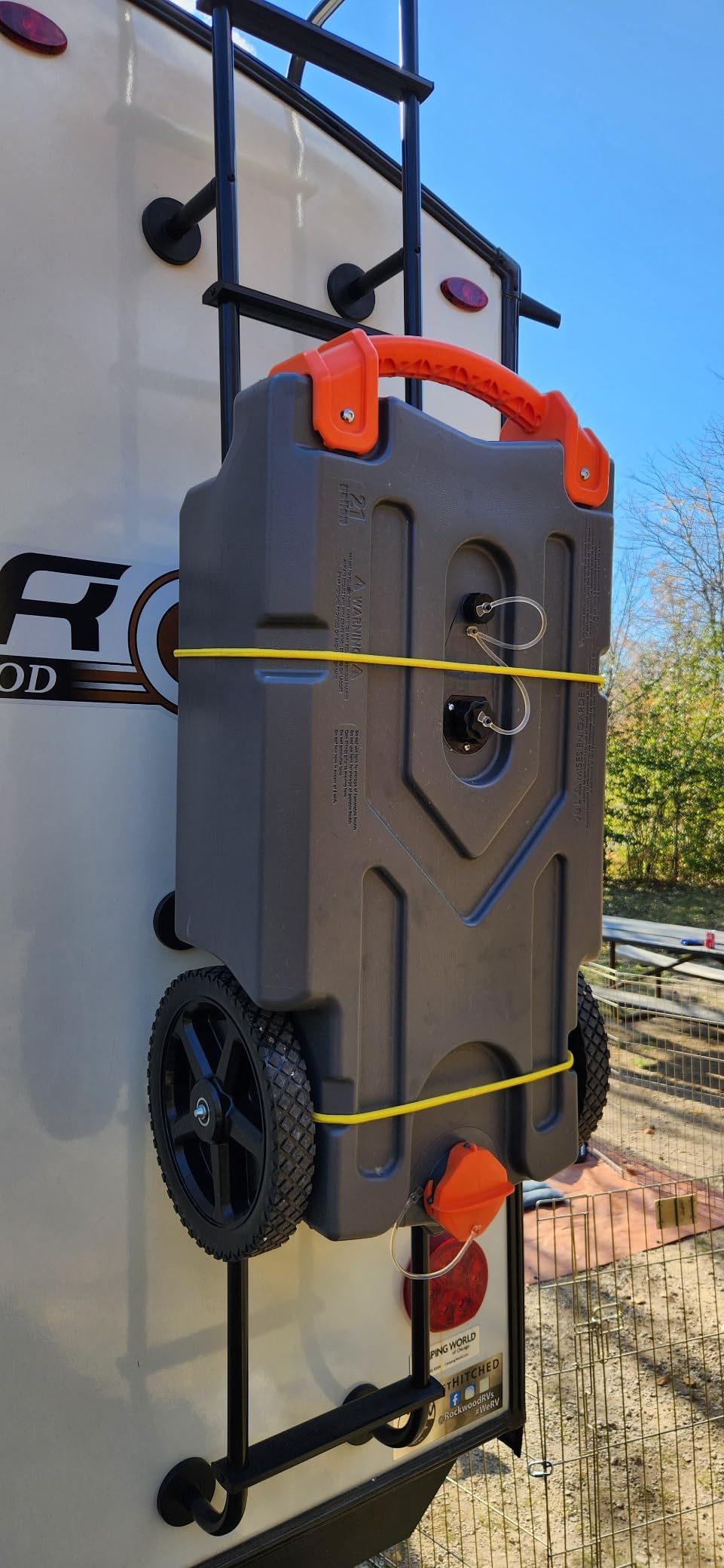 Camco Rhino 36-Gallon RV Tote Tank - Features Large Heavy-Duty No-Flat Wheels & Built-in Gate Valve - Removable Steel Tow Adapter, 3’ Sewer Hose & More RV Accessories (39006) 