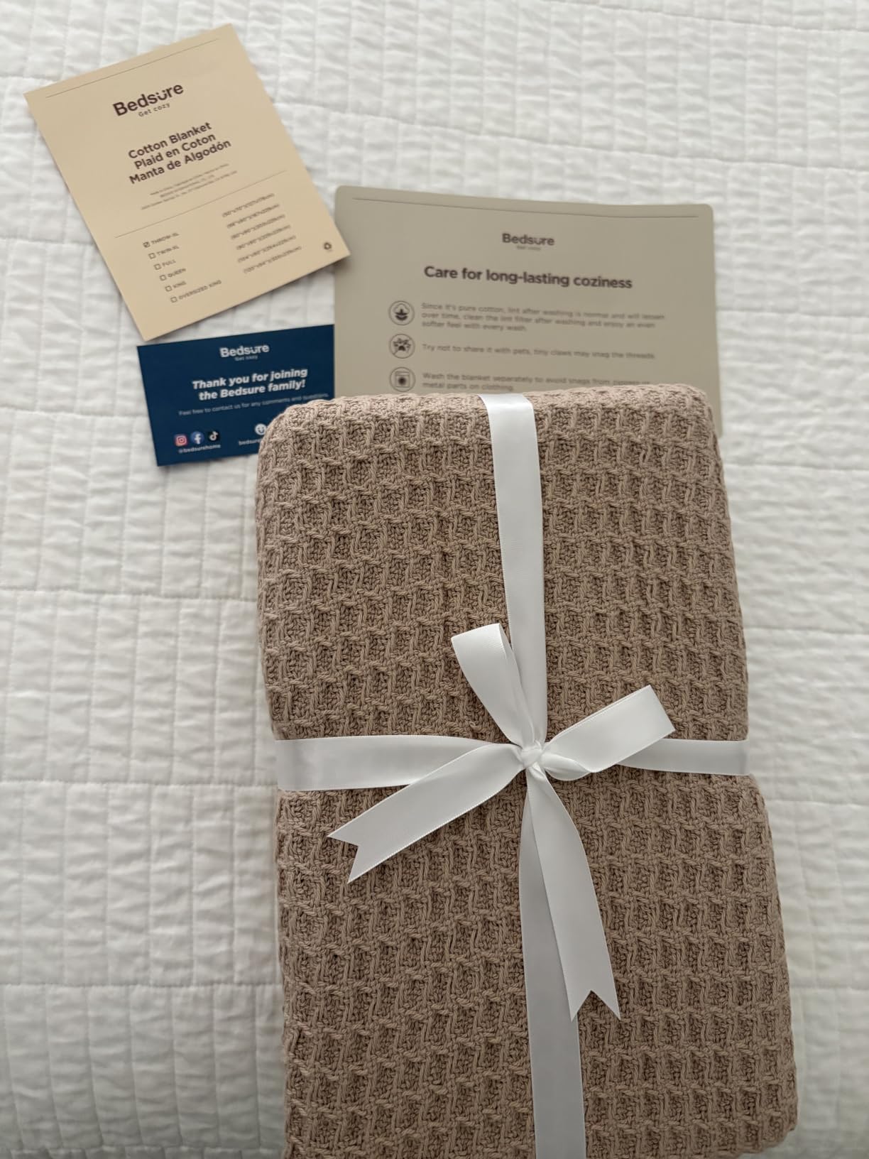 Bedsure 100% Cotton Blanket, Waffle Weave, Queen Size, White, 90