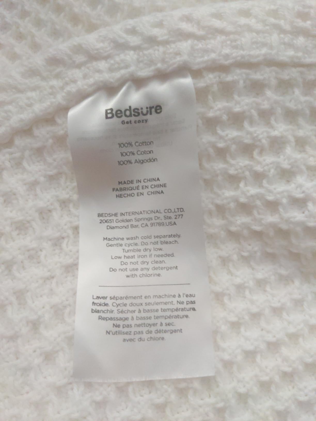 Bedsure 100% Cotton Blanket, Waffle Weave, Queen Size, White, 90