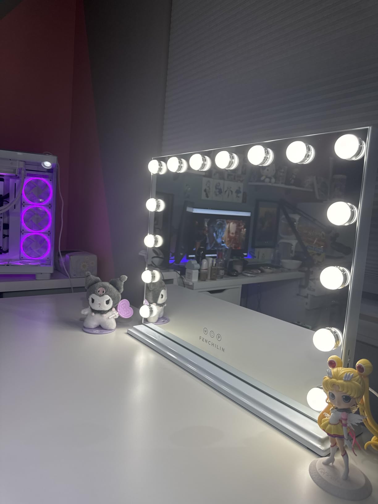 FENCHILIN Vanity Mirror with Lights, Hollywood Lighted Makeup Mirror with 15 Dimmable LED Bulbs for Dressing Room & Bedroom, Slim Metal Frame Design, Tabletop White customer photo 1
