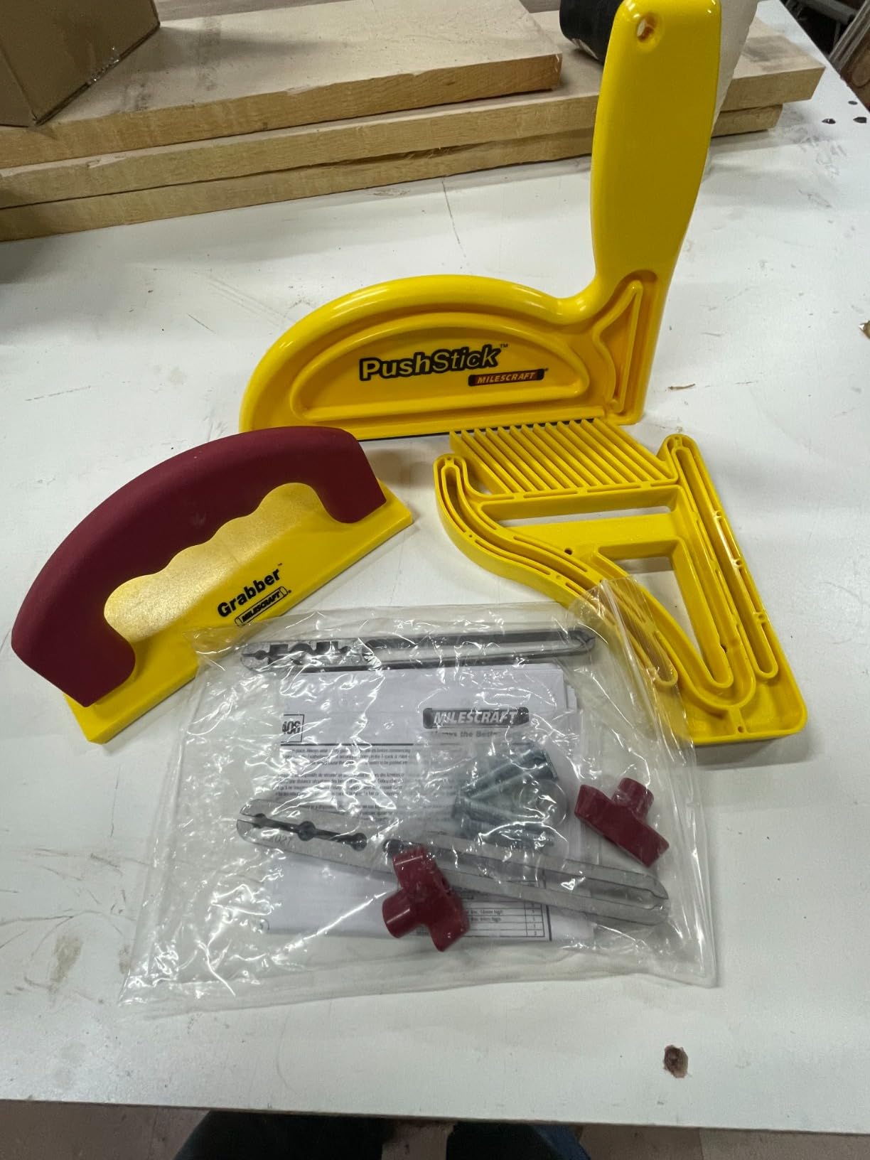 Milescraft 7334 Safety Bundle - Includes Feather Board, Push Stick, and FREE Grabber push block. Ideal for use on router tables, table saw, jointers, and even band saws , Yellow customer photo 1