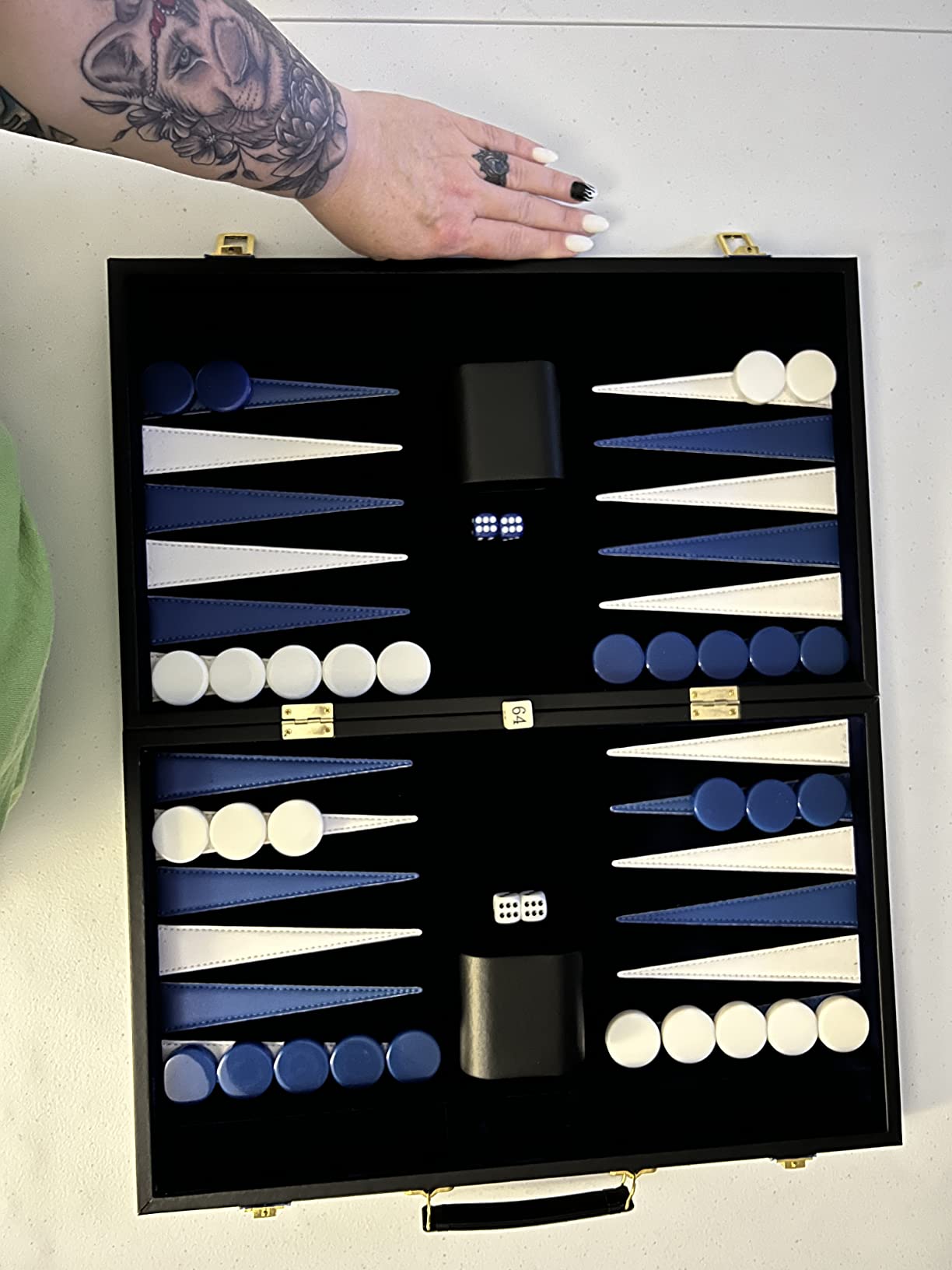 GSE Premium Leather Backgammon Board Game Set, Black&Blue, Large | Folding Backgammon Board, Leather Backgammon Case, Classic Board Strategy Game, For Kids & Adults customer photo 1