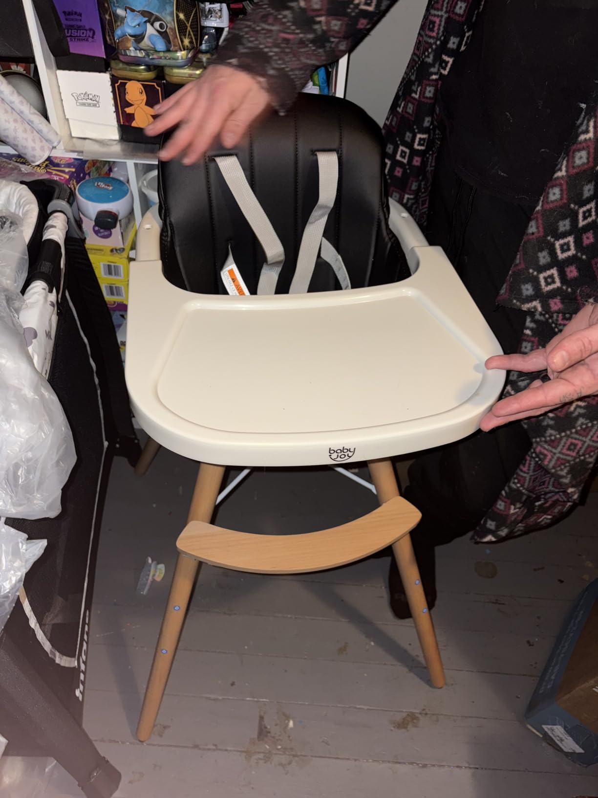 BABY JOY Convertible Baby High Chair, 3 in 1 Wooden Highchair/Booster/Chair with Removable Tray, Adjustable Legs, 5-Point Harness, PU Cushion and Footrest for Baby, Infants, Toddlers (Beige) customer photo 2