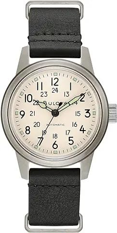 Men's Military Heritage Hack Stainless Steel 3-Hand Automatic Watch, NATO Leather Strap, Luminous Hands and Markers, Black Leather/Ivory Dial customer photo 2