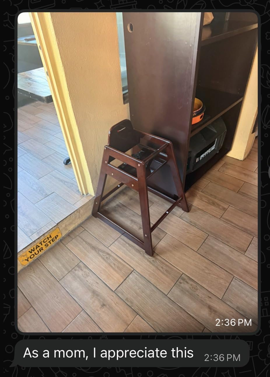 Foundations Neat Seat Wood Highchair for Restaurants, Easy to Clean, “No-tip” Feet, 3-point Safety Harness, Durable Hardwood, Small Footprint, Stackable (Antique Cherry) customer photo 1