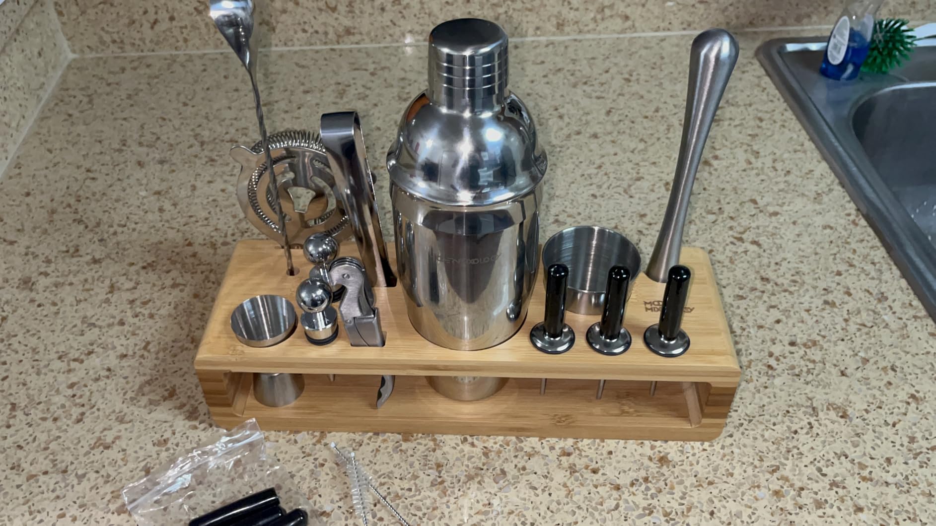 Modern Mixology Cocktail Shaker Set - Bartender Kit with Pine Stand | Leak-Proof Design | Includes Martini Shaker, Jigger, Strainer, Spoon, Tongs | Perfect Bar Tools Gift for Home Mixology (Silver) customer photo 1