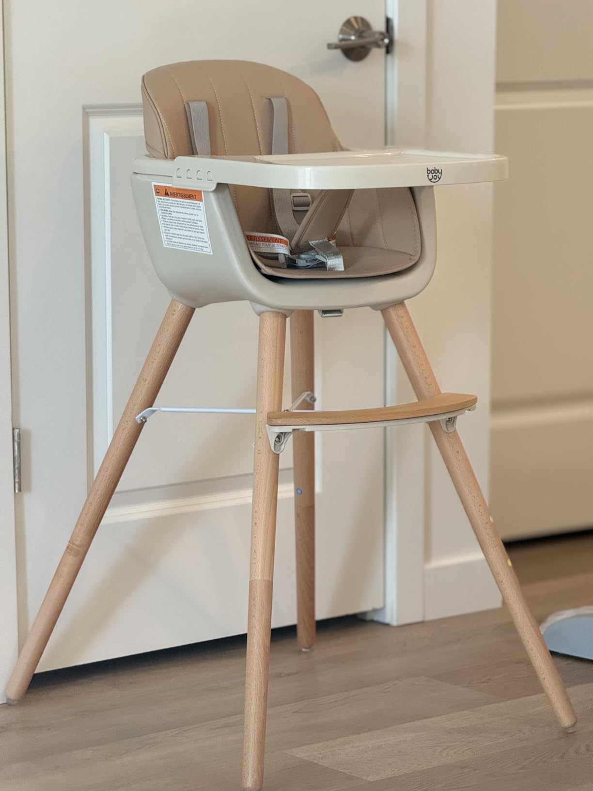 HONEY JOY Baby High Chair, 6-in-1 Eat & Grow Wooden Highchair/Toddler Chair with Removable Tray, 5-Point Harness, PU Cushion and Footrest, Convertible High Chair for Babies and Toddlers(Beige) customer photo 2