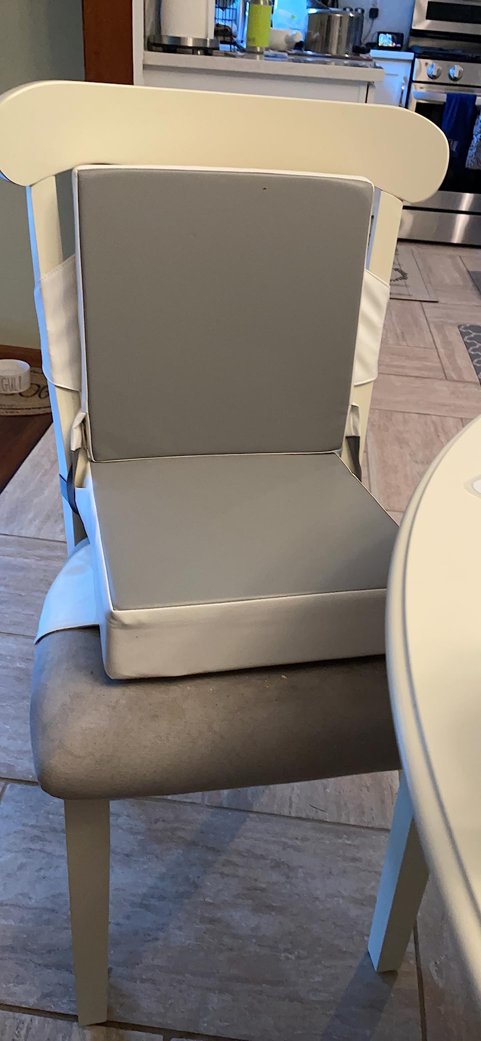 Booster Seat for Kitchen Chair - Toddler Booster Seat for Dining Table - PU Washable Double-Safety Straps with Buckle, Kids Portable Outdoor Booster Seat (Grey) customer photo 2