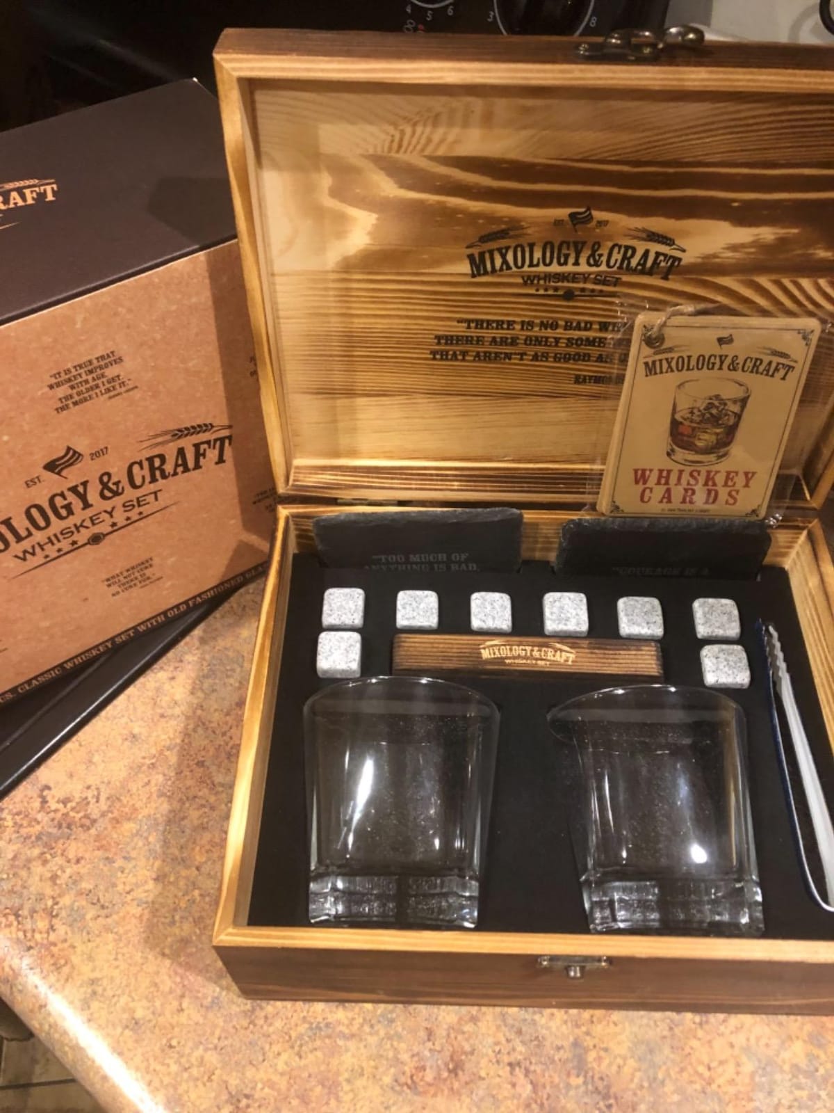 Mixology & Craft Whiskey Stones Gift Set – Includes Two 10oz Crystal Whiskey Glasses, 8 Granite Chilling Rocks, Slate Coasters, Metal Tongs, Cocktail Recipe Cards, Elegant Wooden Storage Box customer photo 2