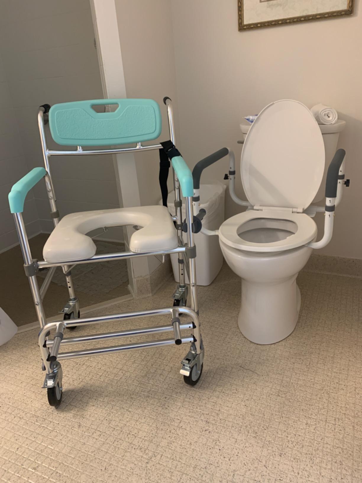 Giantex 3 in 1 Lightweight Shower Commode, Transport Bedside Commode with Wheels, Adjustable Height and Pedal, Shower Wheelchair for Elder, Disabled People (Black) customer photo 1
