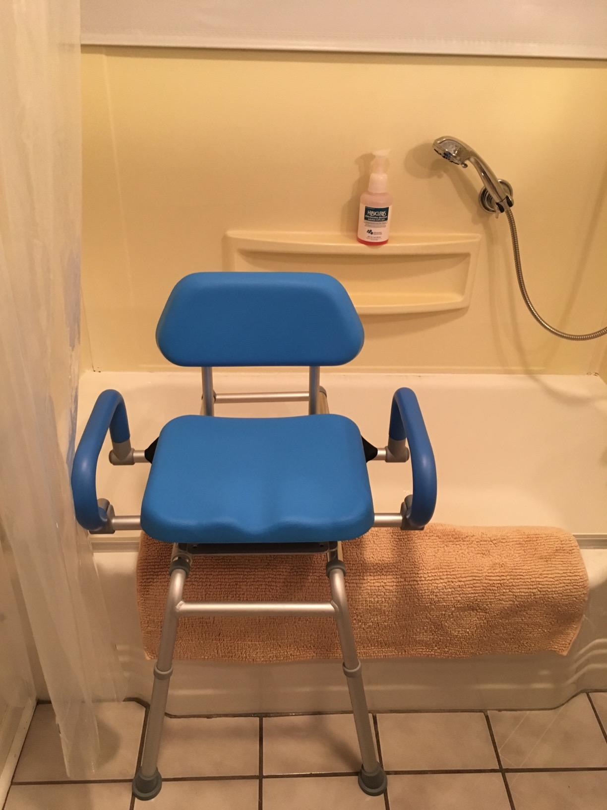 Carousel Sliding Shower Chair Tub Transfer Bench with Swivel Seat, Bariatric, Premium Padded with Pivoting Arms, High Capacity, Heavy Duty for Tubs, Inside Shower, for Handicap & Seniors, Blue customer photo 1