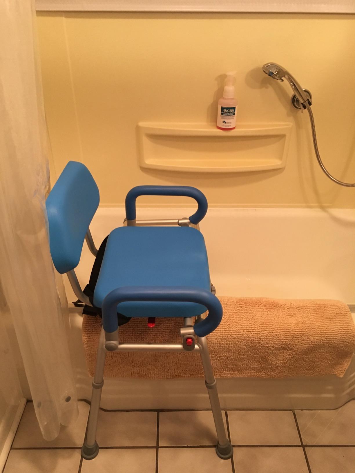 Carousel Sliding Shower Chair Tub Transfer Bench with Swivel Seat, Bariatric, Premium Padded with Pivoting Arms, High Capacity, Heavy Duty for Tubs, Inside Shower, for Handicap & Seniors, Blue customer photo 2