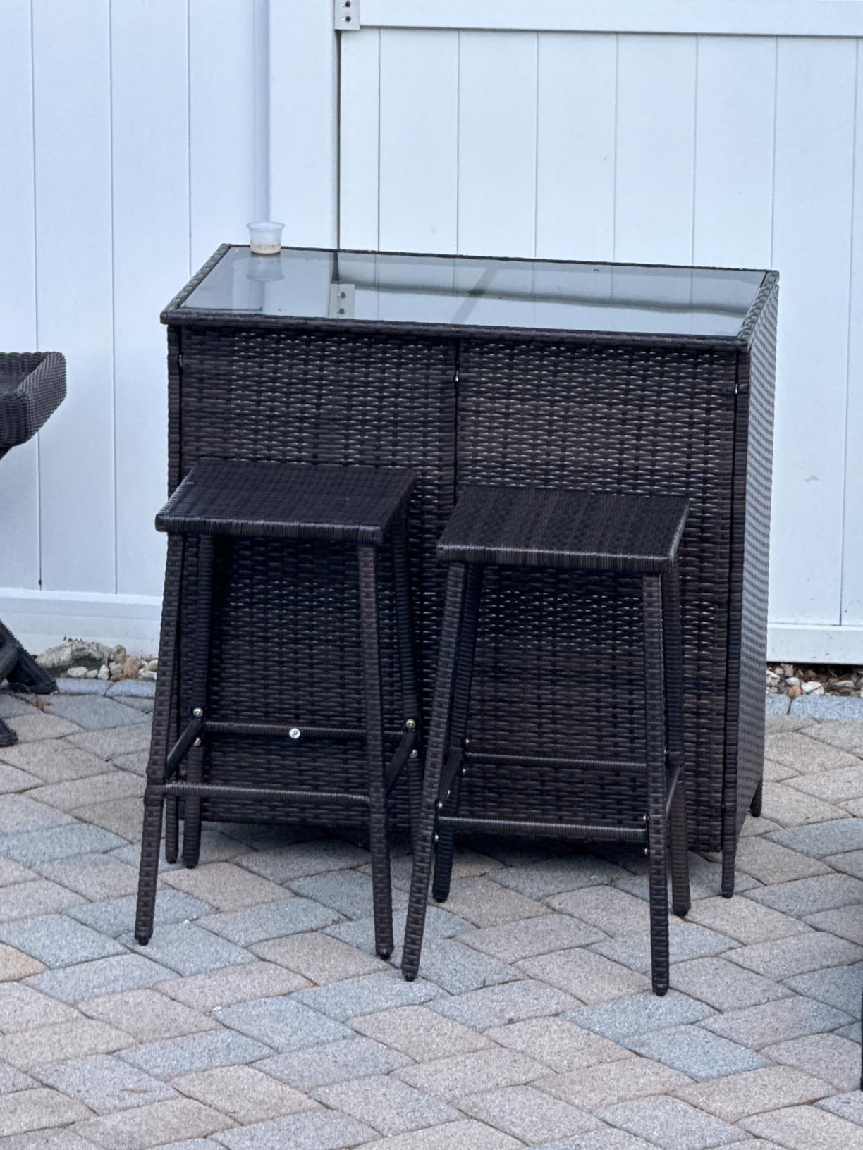 Yaheetech 3pcs Outdoor Bar Set, Patio Wicker Bar Furniture with 2 Storage Shelves, Glass Top Table, Cushions and Two Stools, Brown/Khaki customer photo 1