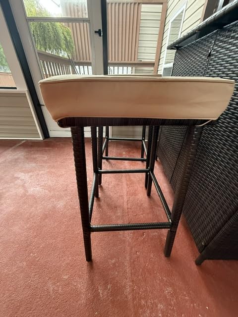 Yaheetech 3pcs Outdoor Bar Set, Patio Wicker Bar Furniture with 2 Storage Shelves, Glass Top Table, Cushions and Two Stools, Brown/Khaki customer photo 2