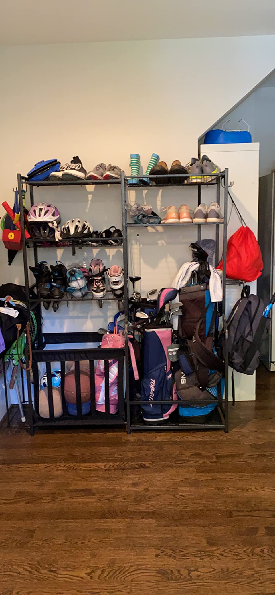 Mythinglogic Sports Equipment Organizer for Garage with Golf Bag Storage | Large metal rack organizes golf bags, sports balls, bats, rackets, skates and accessories with shelves, baskets and hooks customer photo 1