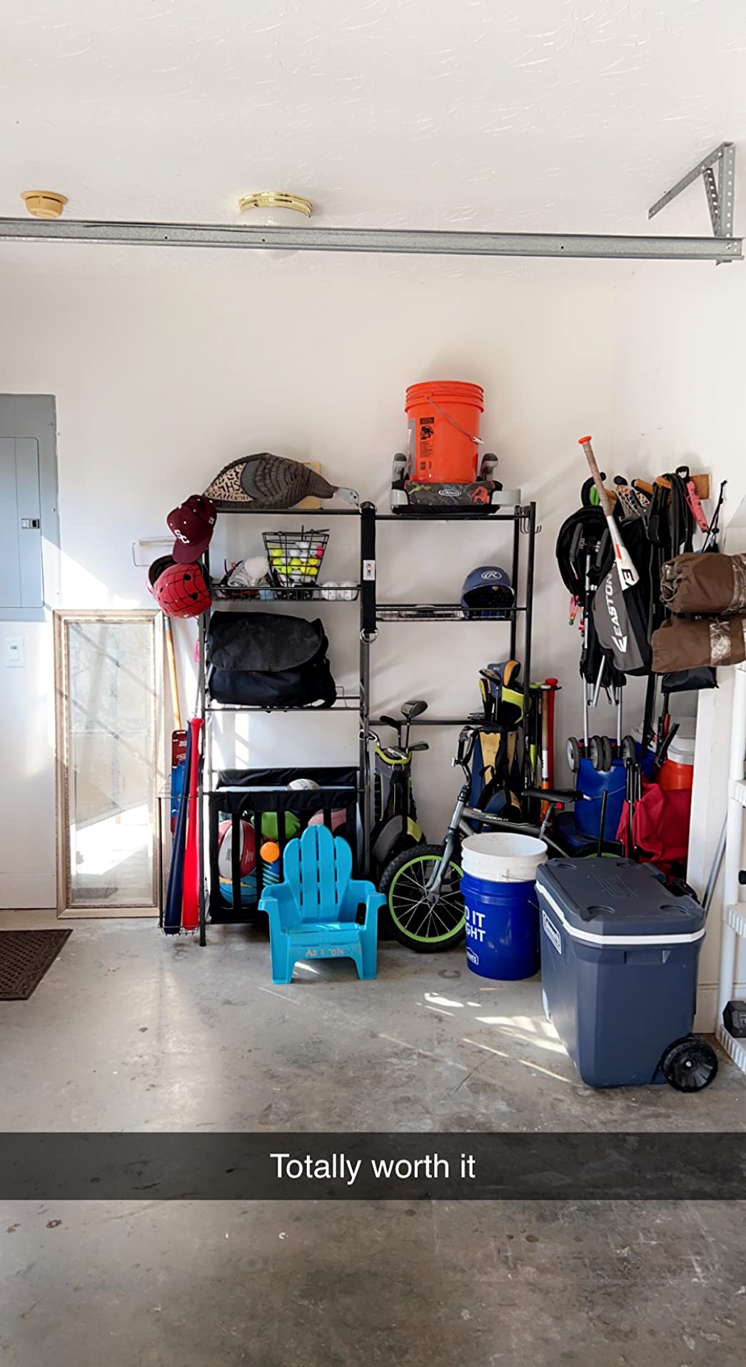 Mythinglogic Sports Equipment Organizer for Garage with Golf Bag Storage | Large metal rack organizes golf bags, sports balls, bats, rackets, skates and accessories with shelves, baskets and hooks customer photo 2